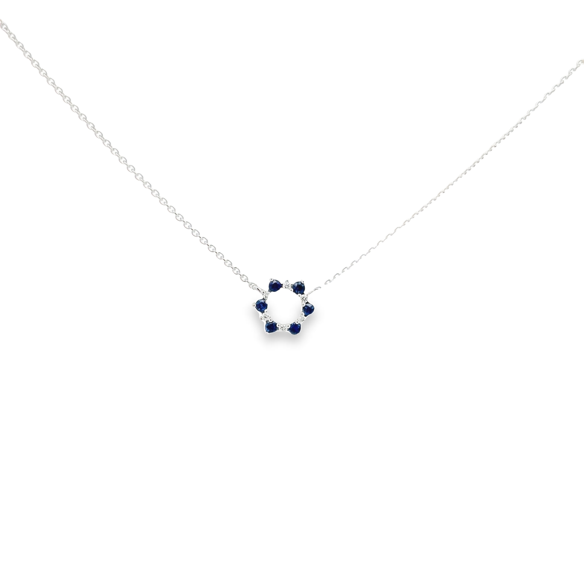 14 karat white gold circle pendant with 6=0.26 total weight round mixed cut Sapphires and 6=0.08 total weight round brilliant G VS Diamonds