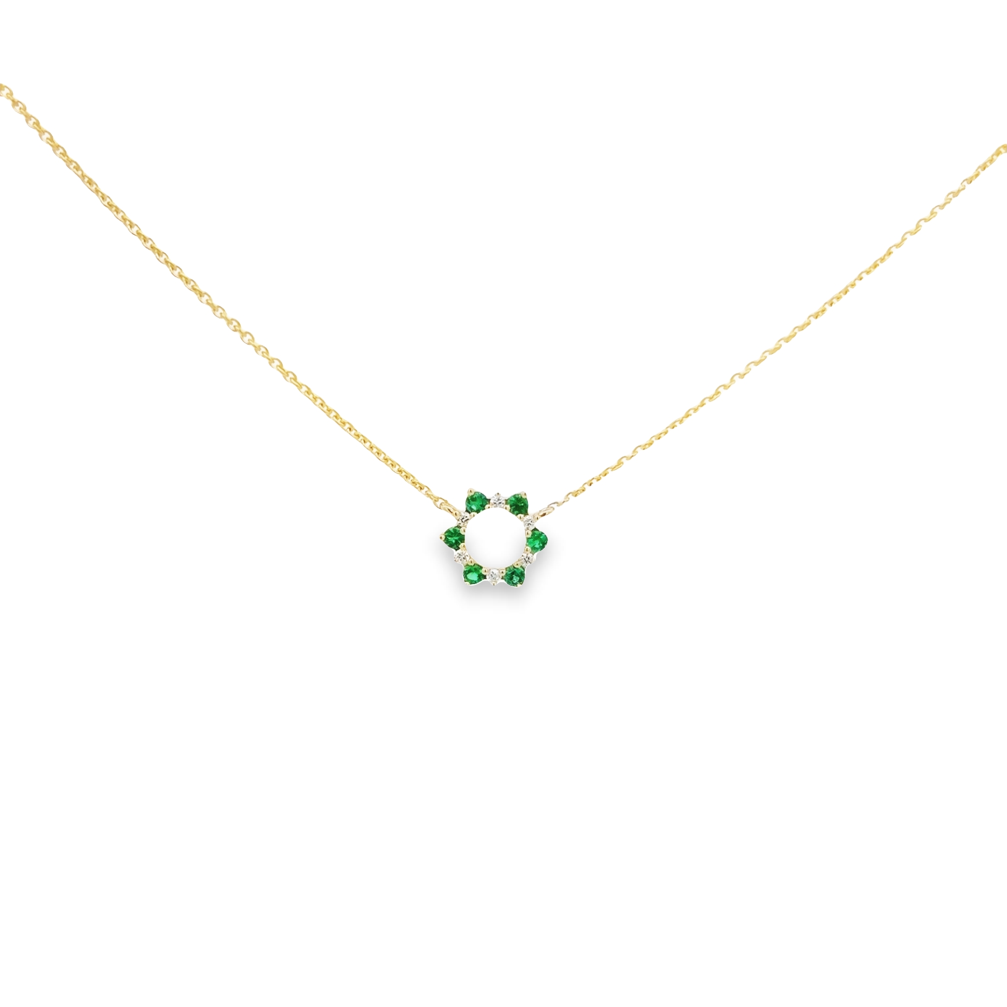 14 Karat Yellow Gold Circle Pendant With 6=0.23 Total Weight Round Mixed Cut Emeralds And 6=0.08 Total Weight Round Brilliant G Vs Diamonds