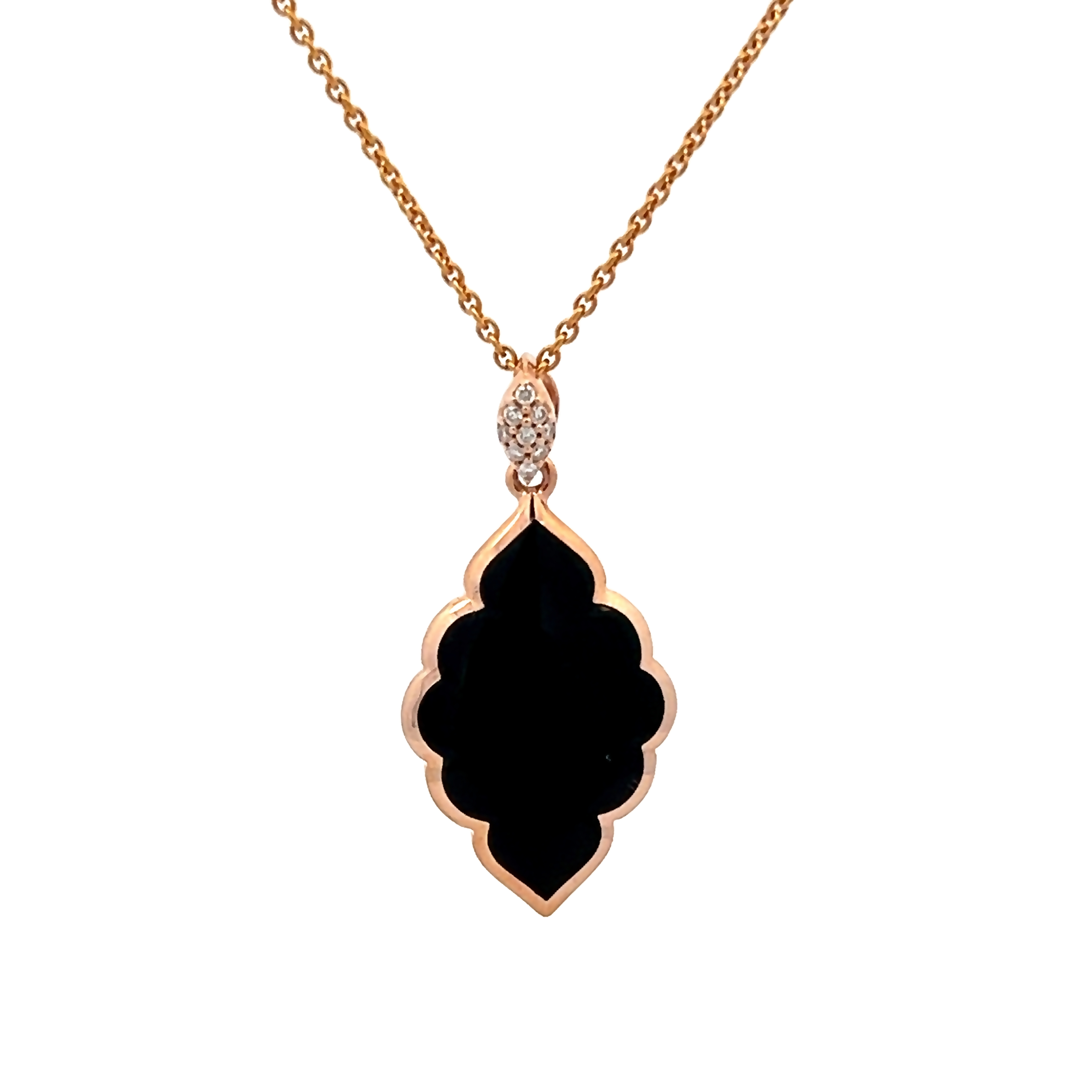 14 Karat Rose Gold Pendant With 9=0.04 Total Weight Round Brilliant G Vs Diamonds And Onyx Inlay.