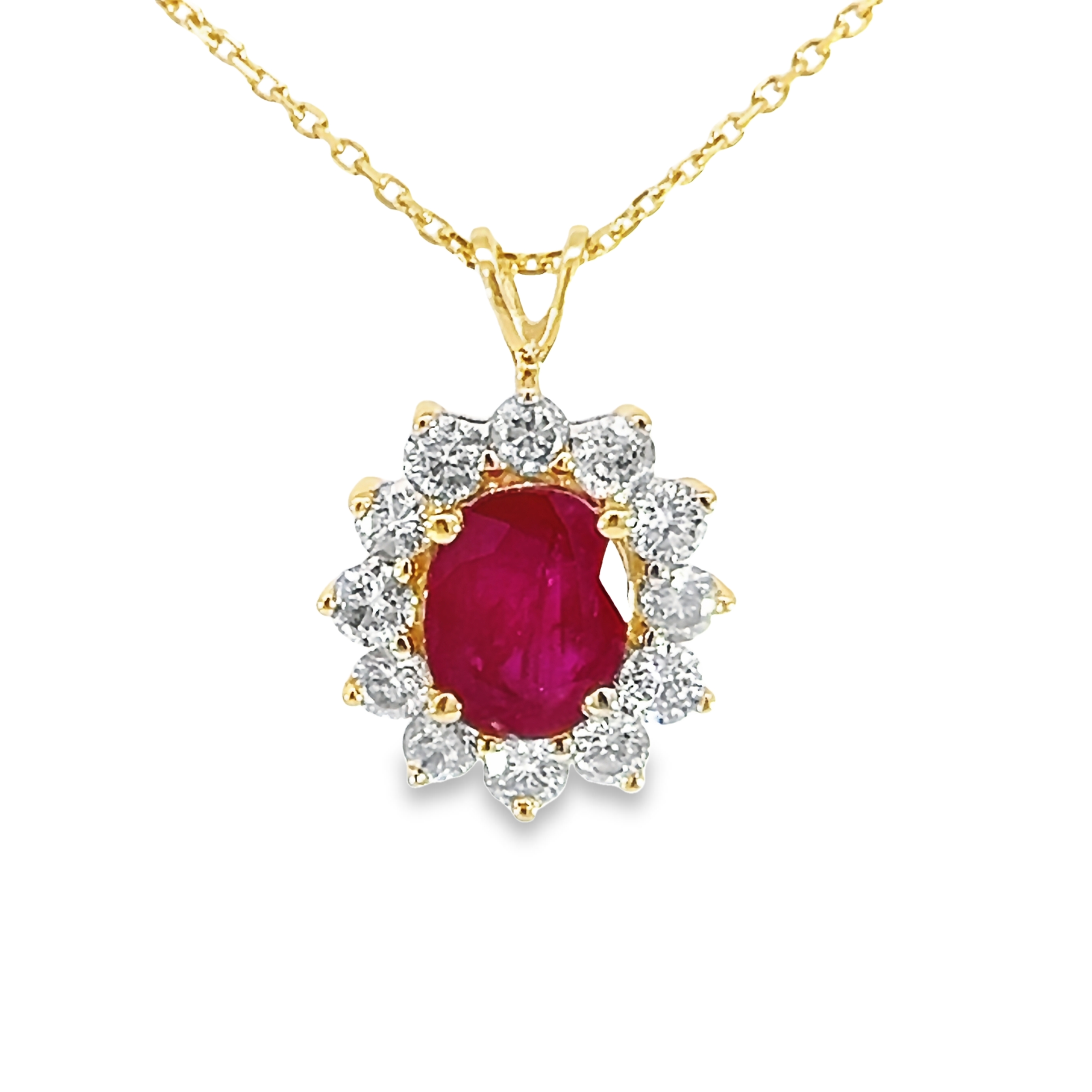 14k Yellow Gold Ruby Halo Pendant Necklace