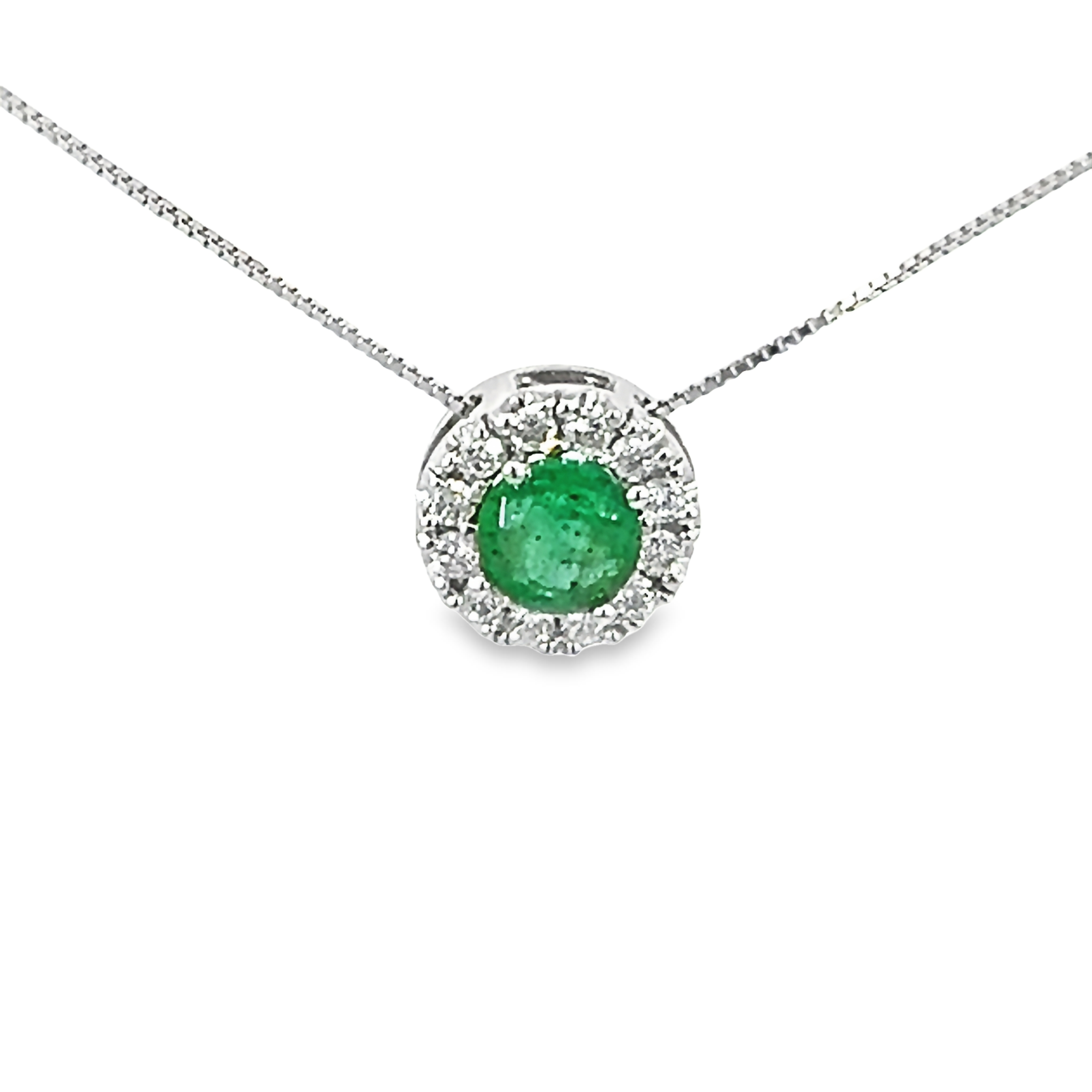 14k White Gold Emerald Halo Pendant Necklace