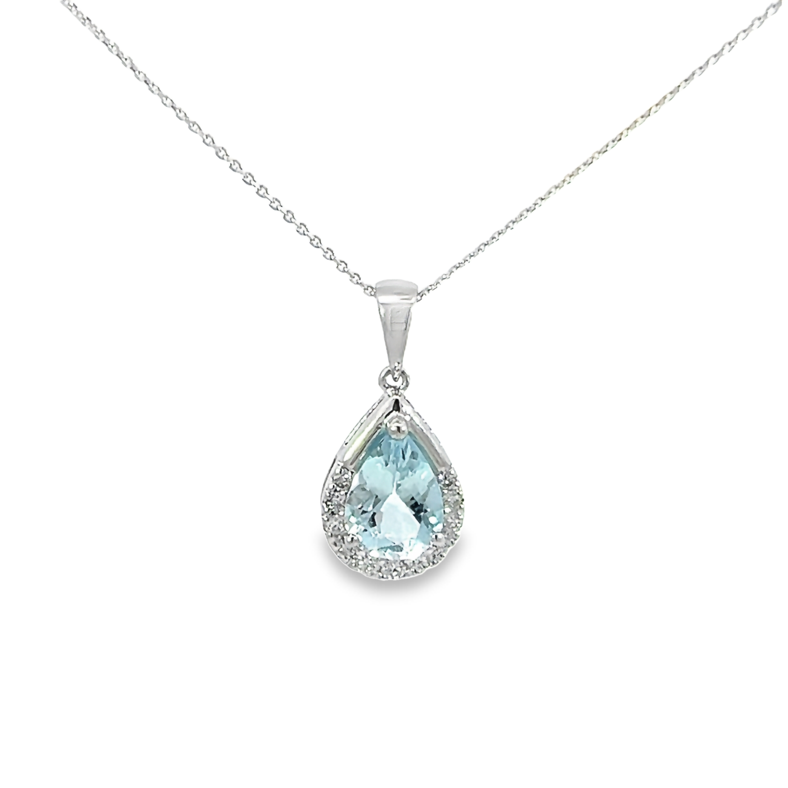 14k White Gold Aqua Halo Pendant Necklace - 001-230-01573