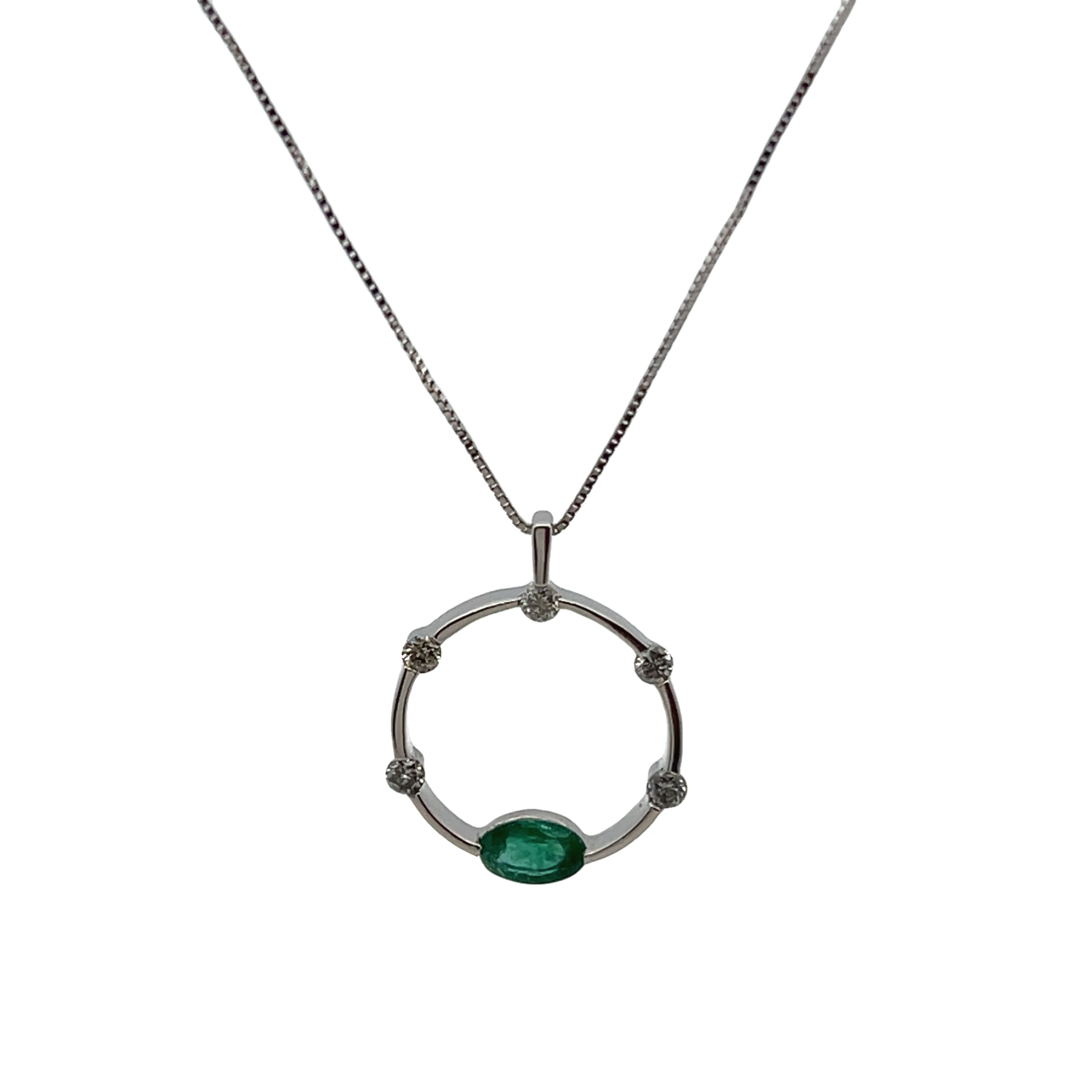 14k White Gold Circle Pendant With Emeralds And Diamonds