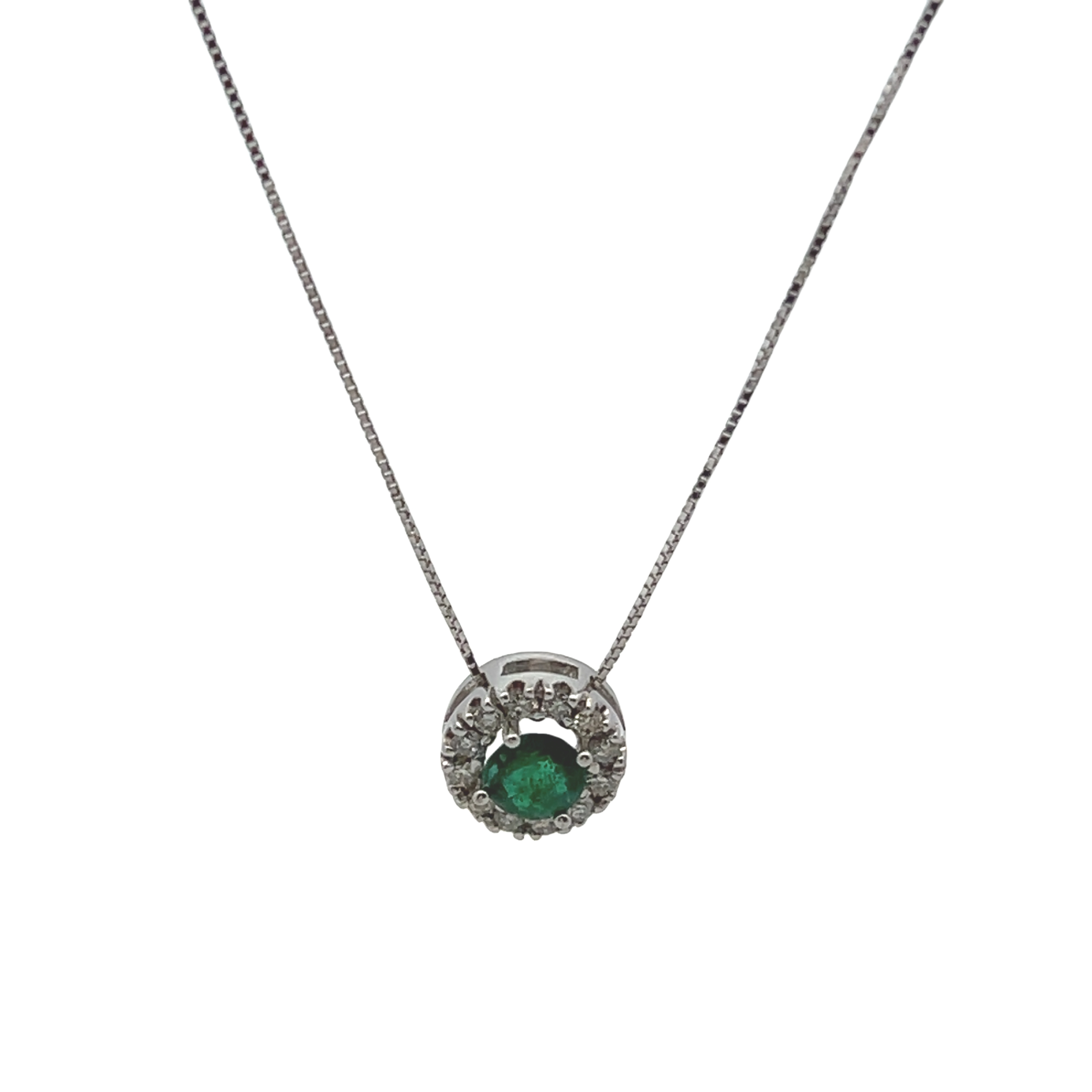 14k White Gold Emerald Halo Pendant Necklace