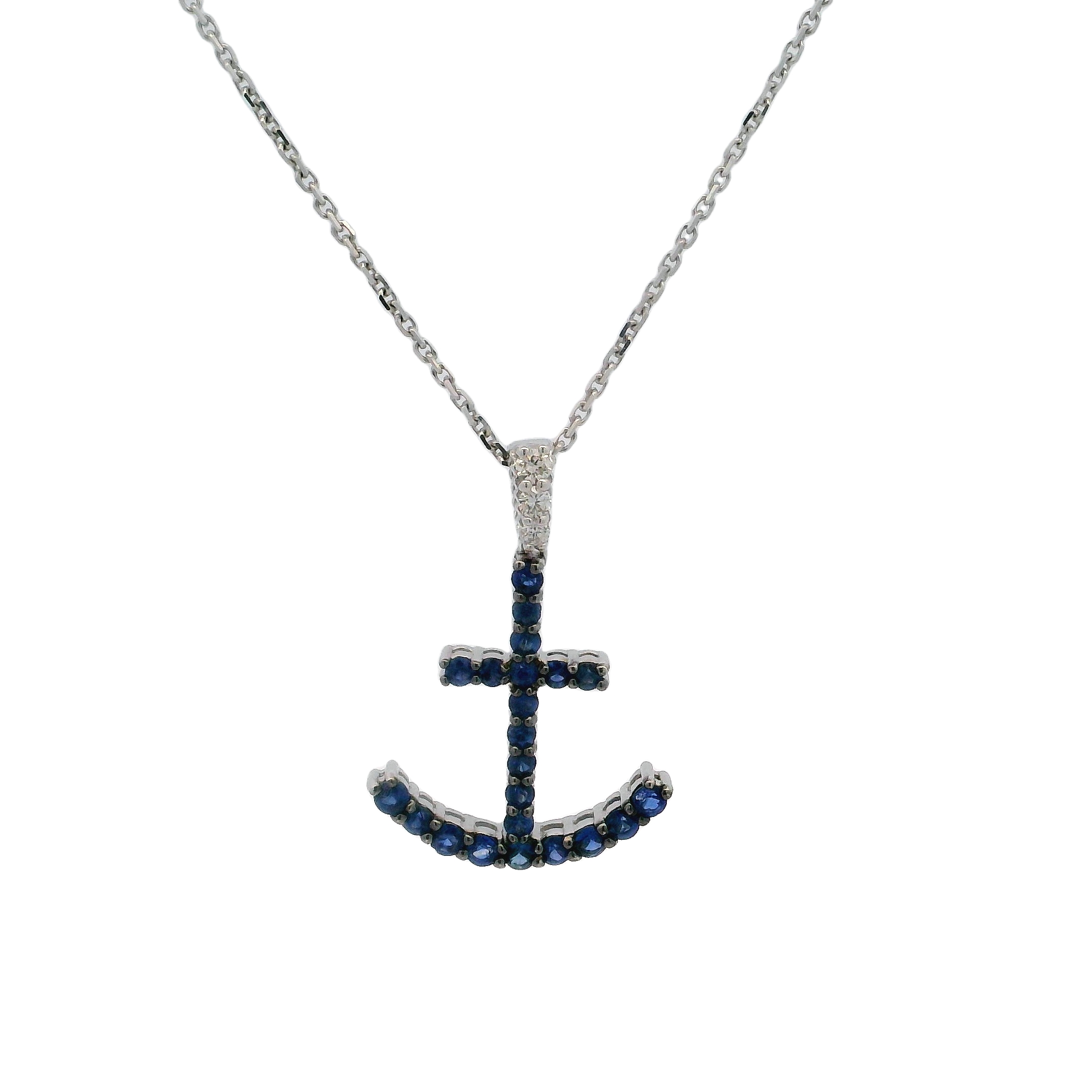 14k White Gold Diamond And Sapphire Anchor Pendant