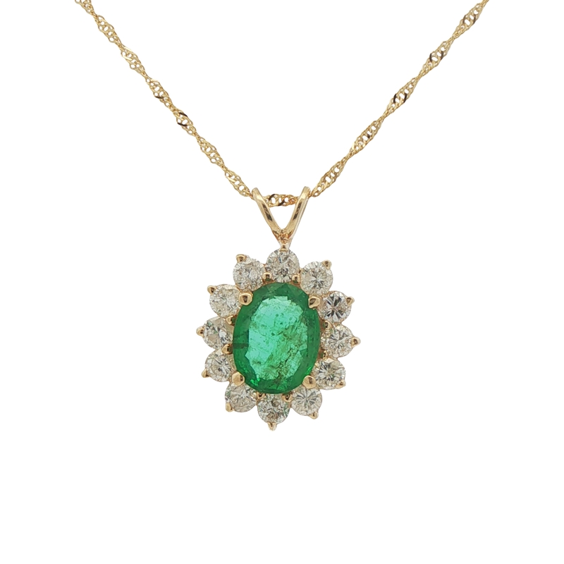 14k Yellow Gold Emerald And Diamond Pendant Necklace