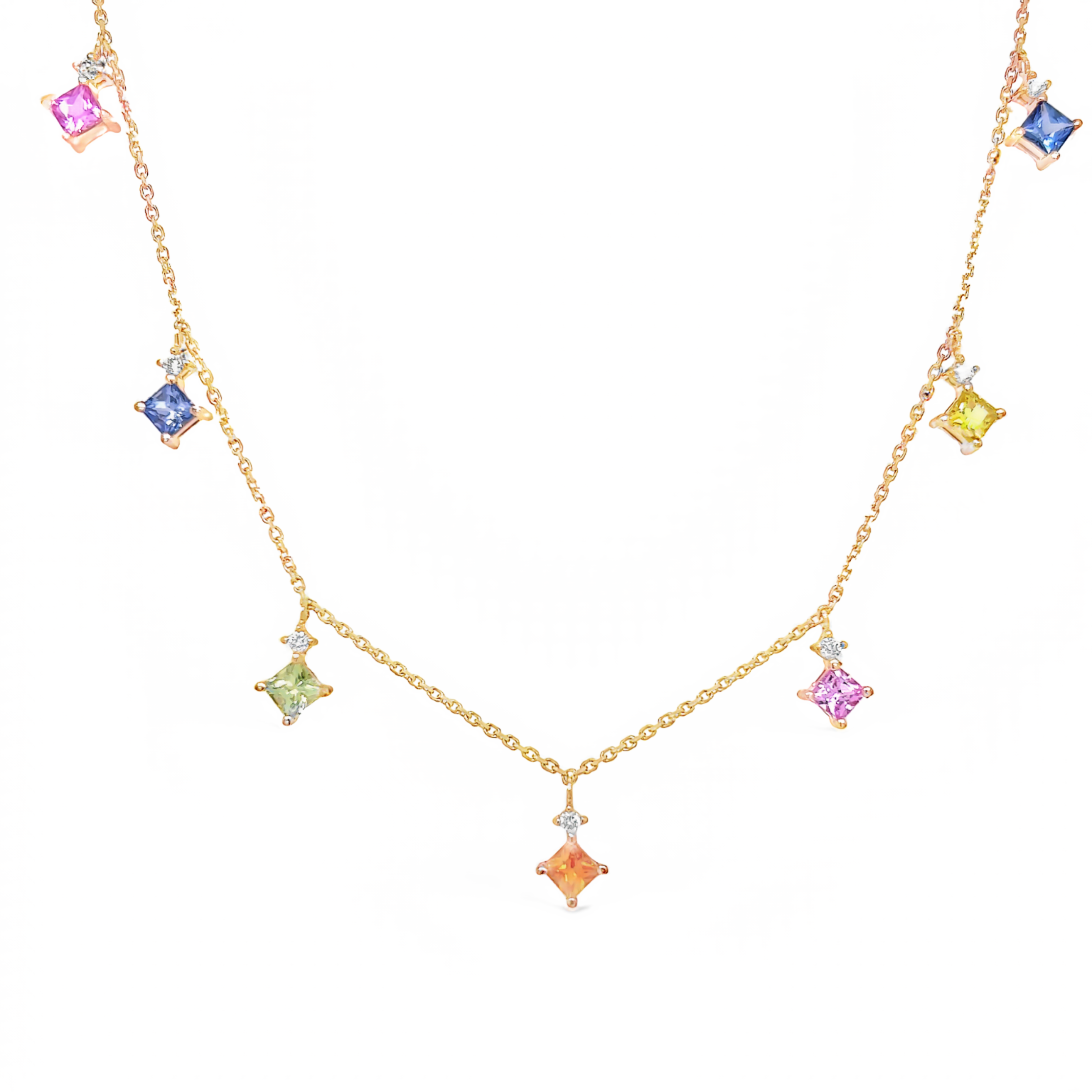 Rose 14 Karat Station Necklace with 7=2.40tw Princess Sapphires and   7=0.14tw Round Brilliant G VS Diamonds