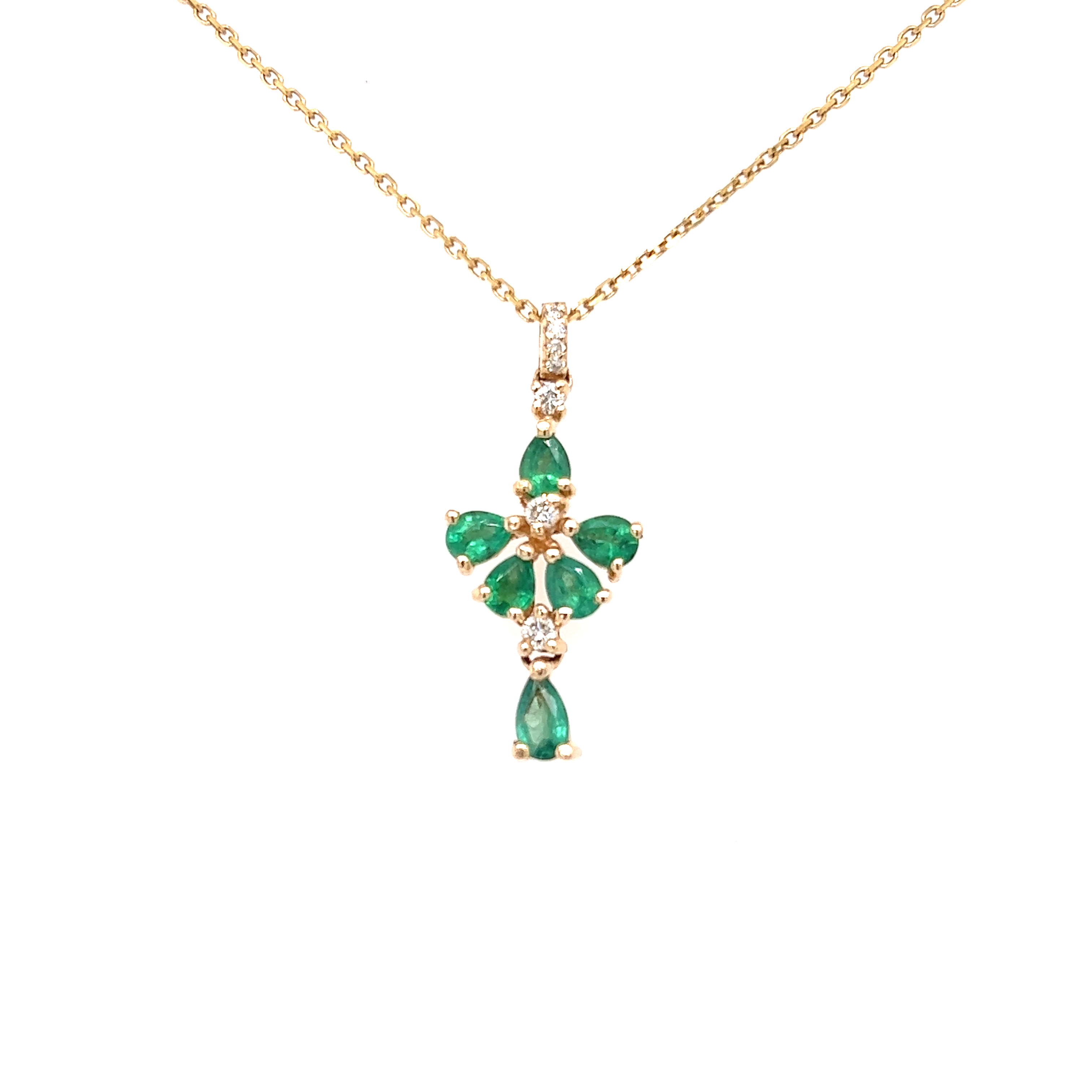 Yellow 14 Karat Statement Necklace with 6=0.95tw Pear Emeralds and   6=0.09tw Round Brilliant Diamonds