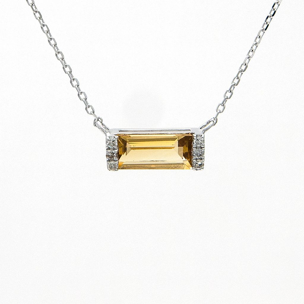 Sterling Bar Necklace with one 0.47ct emerald cut Citrine and 6=0.02tw single cut G I Diamonds