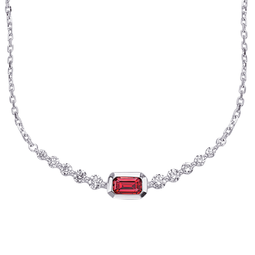 14 Karat white gold bar necklace with One 0.34Ct emerald cut Ruby and 10=0.33 total weight round brilliant G VS Diamonds