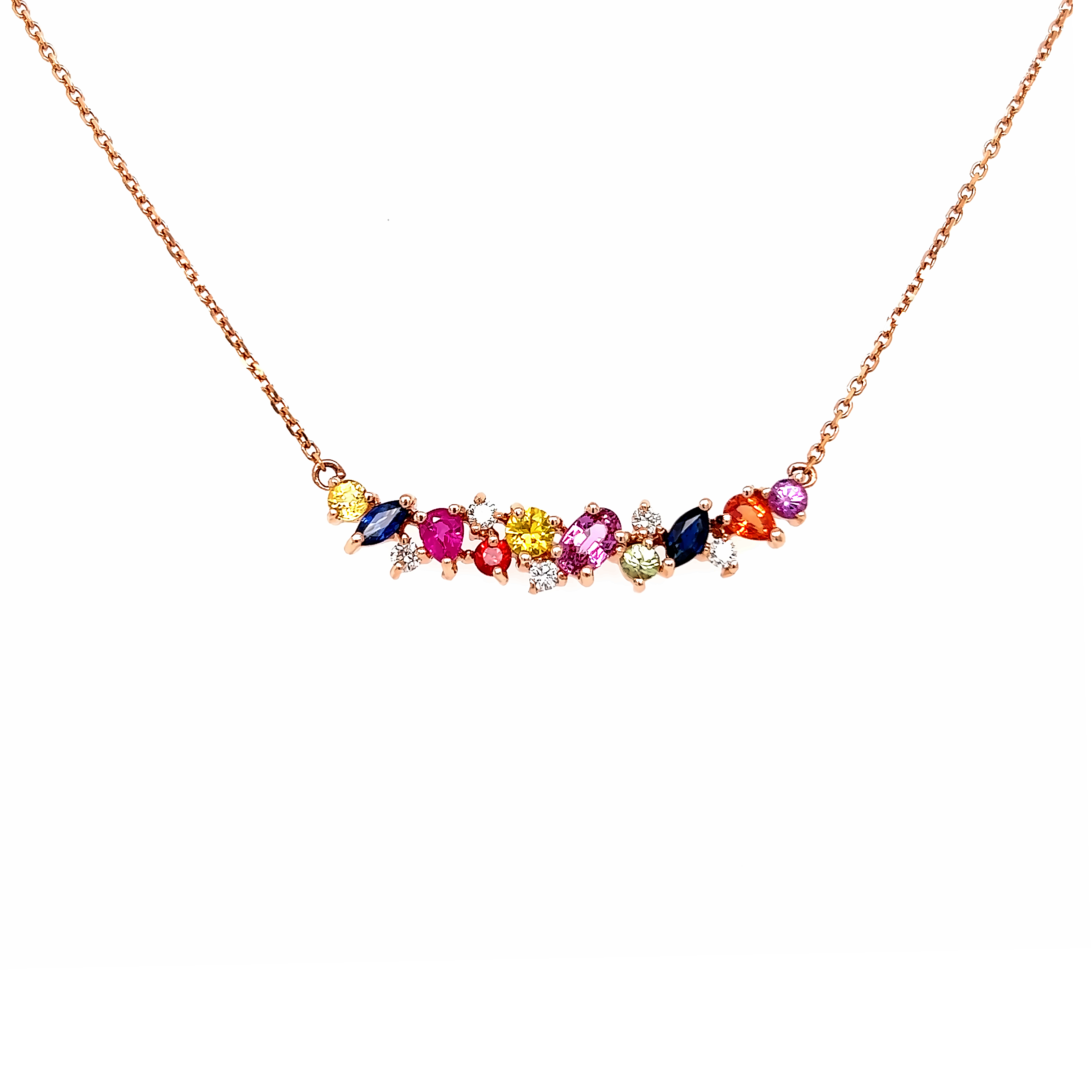 14 Karat Rose Gold Bar Necklace With 10=1.65 Total Weight Various Shapes Sapphires And 5=0.15 Total Weight Round Brilliant G Vs Diamonds