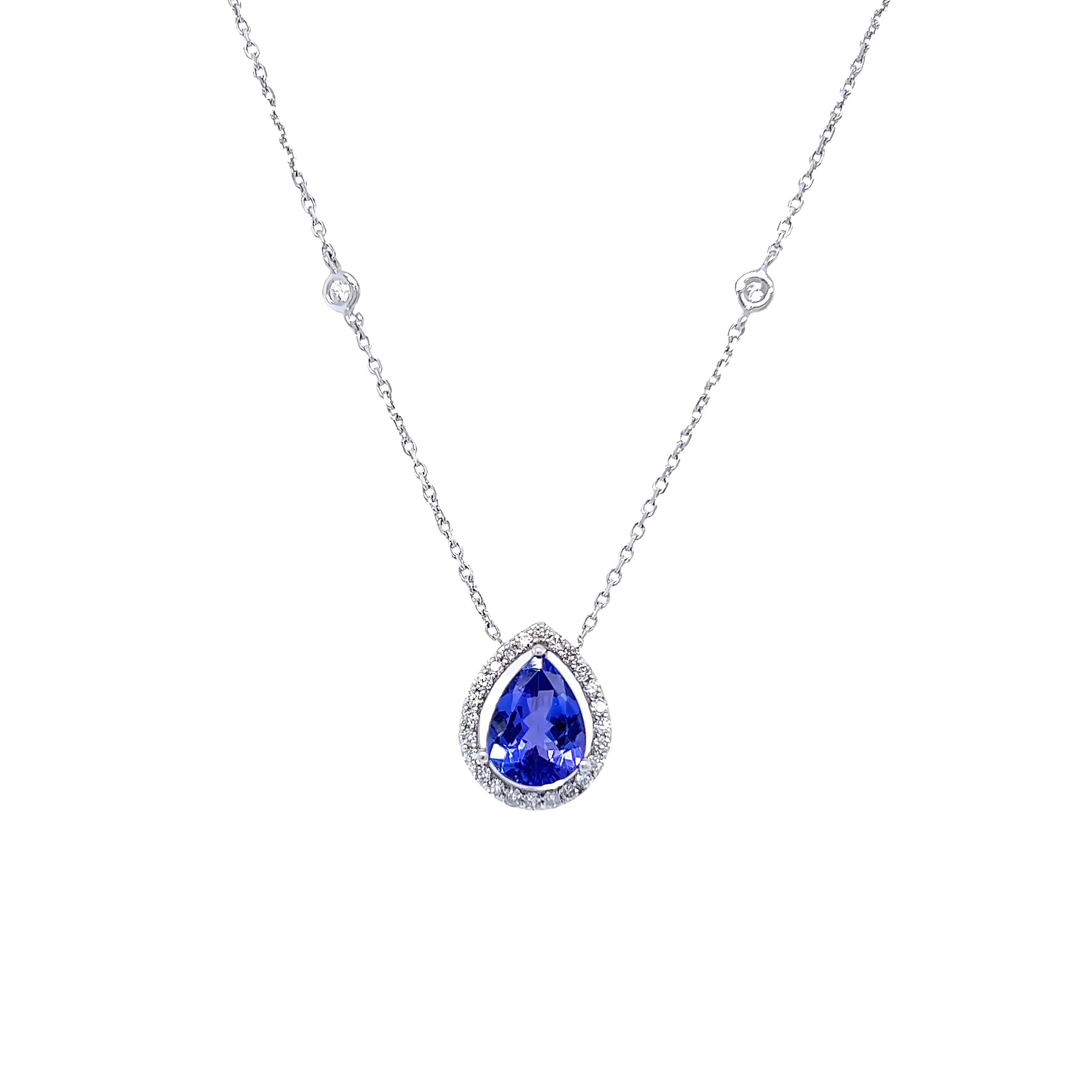 14k White Gold Tanzanite Necklace With Diamond Halo