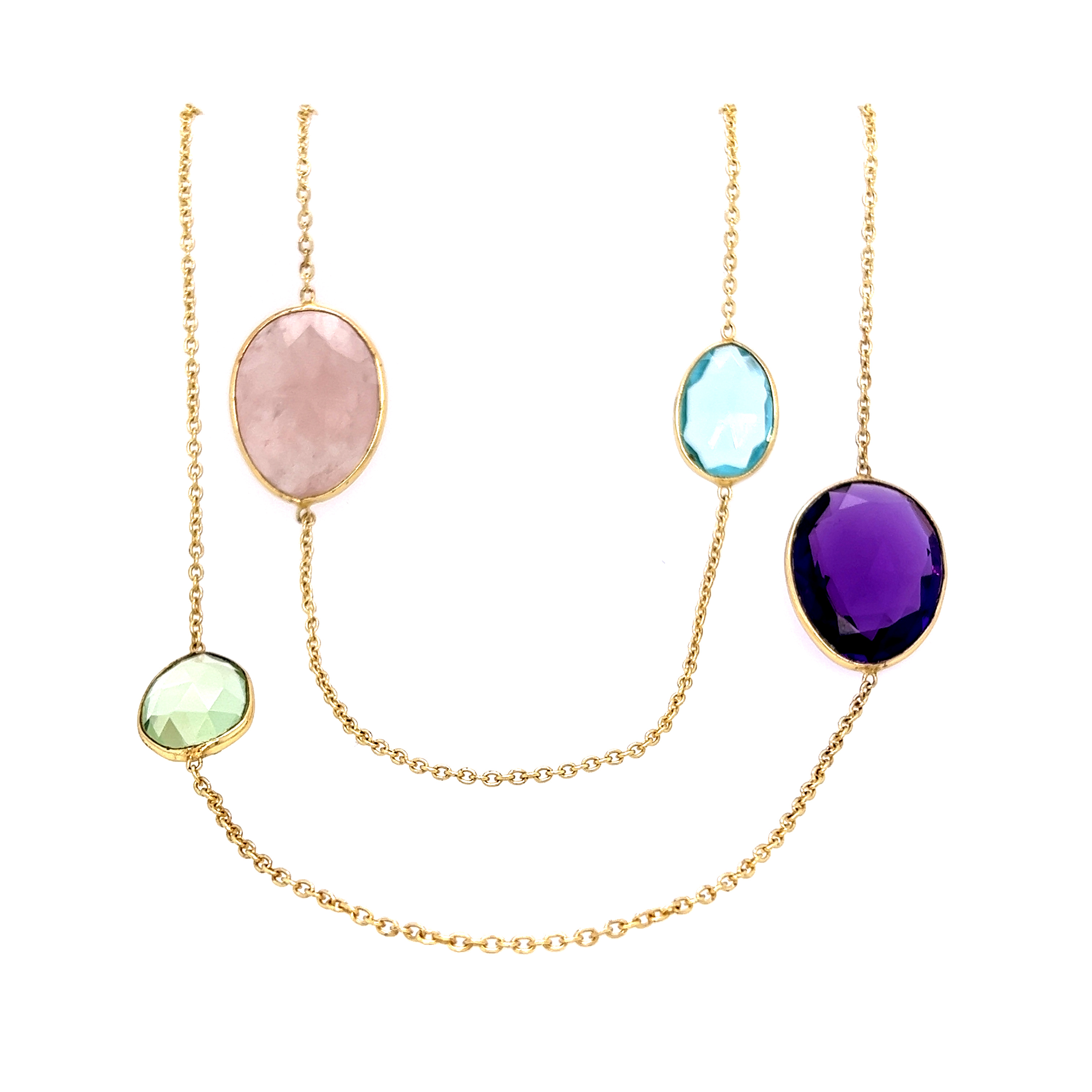Sterling necklace with 6 multi colored stones of different sizes.