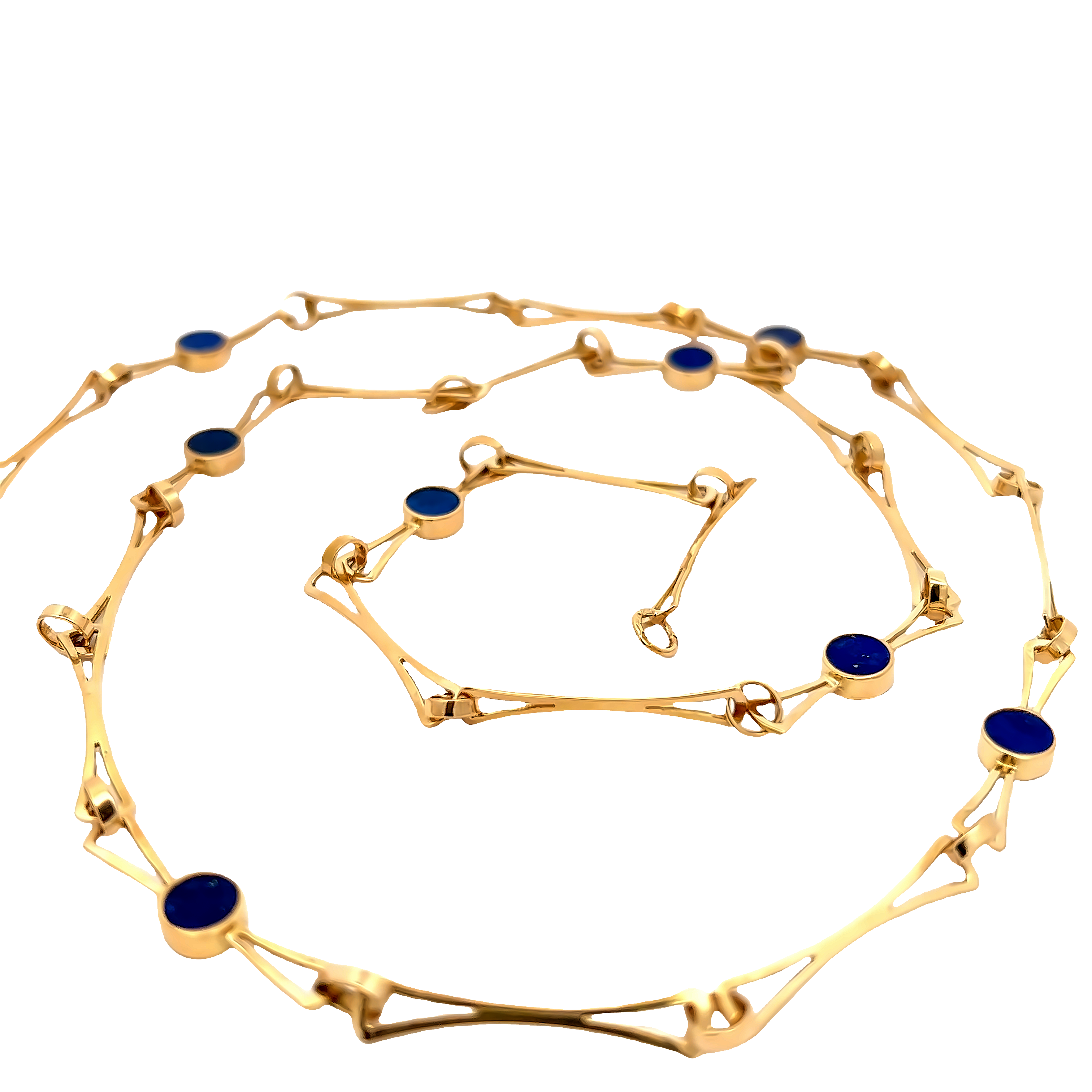 14 Karat yellow gold necklace with 9 round Lapis. Length 28