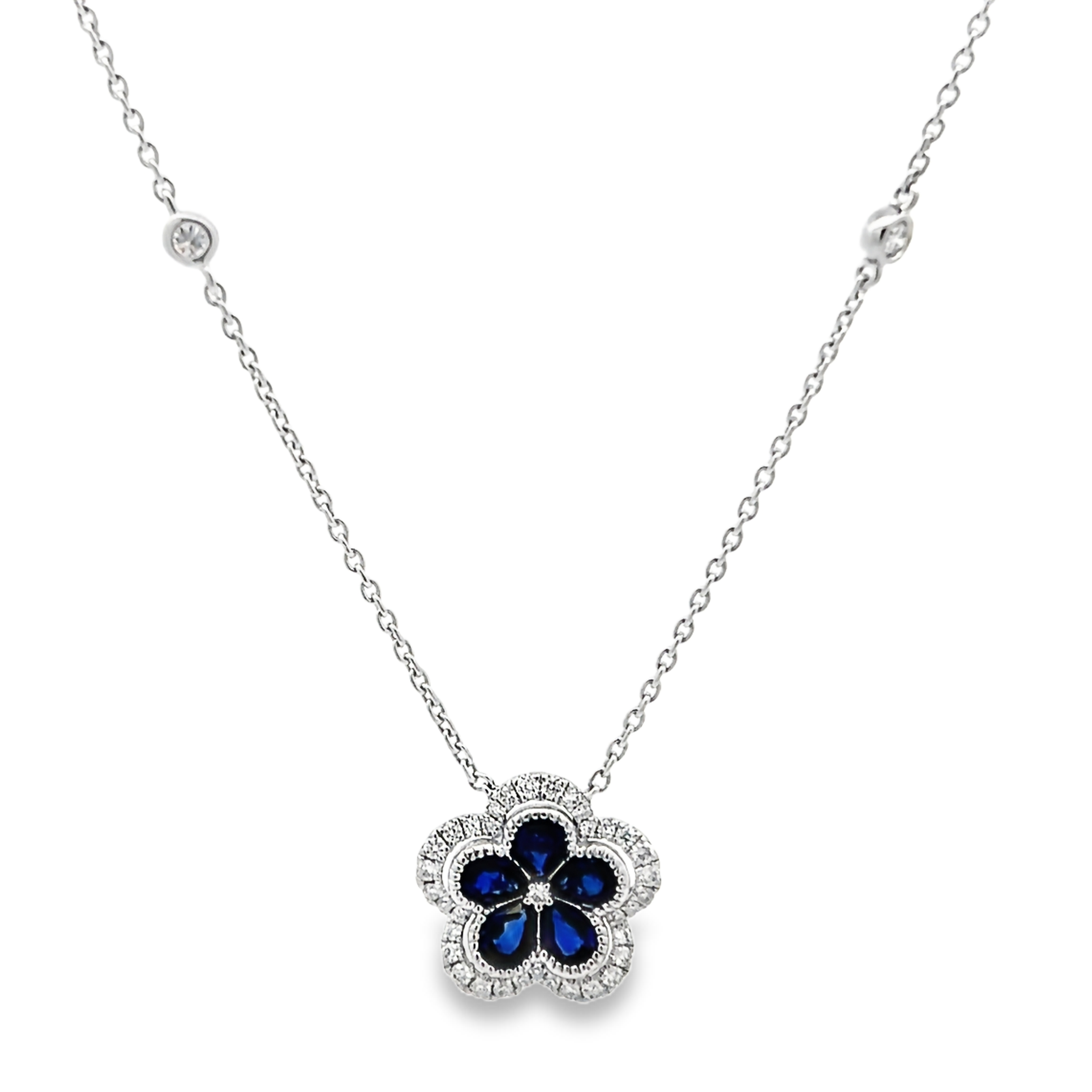 14k White Gold Floral Sapphire And Diamond Necklace