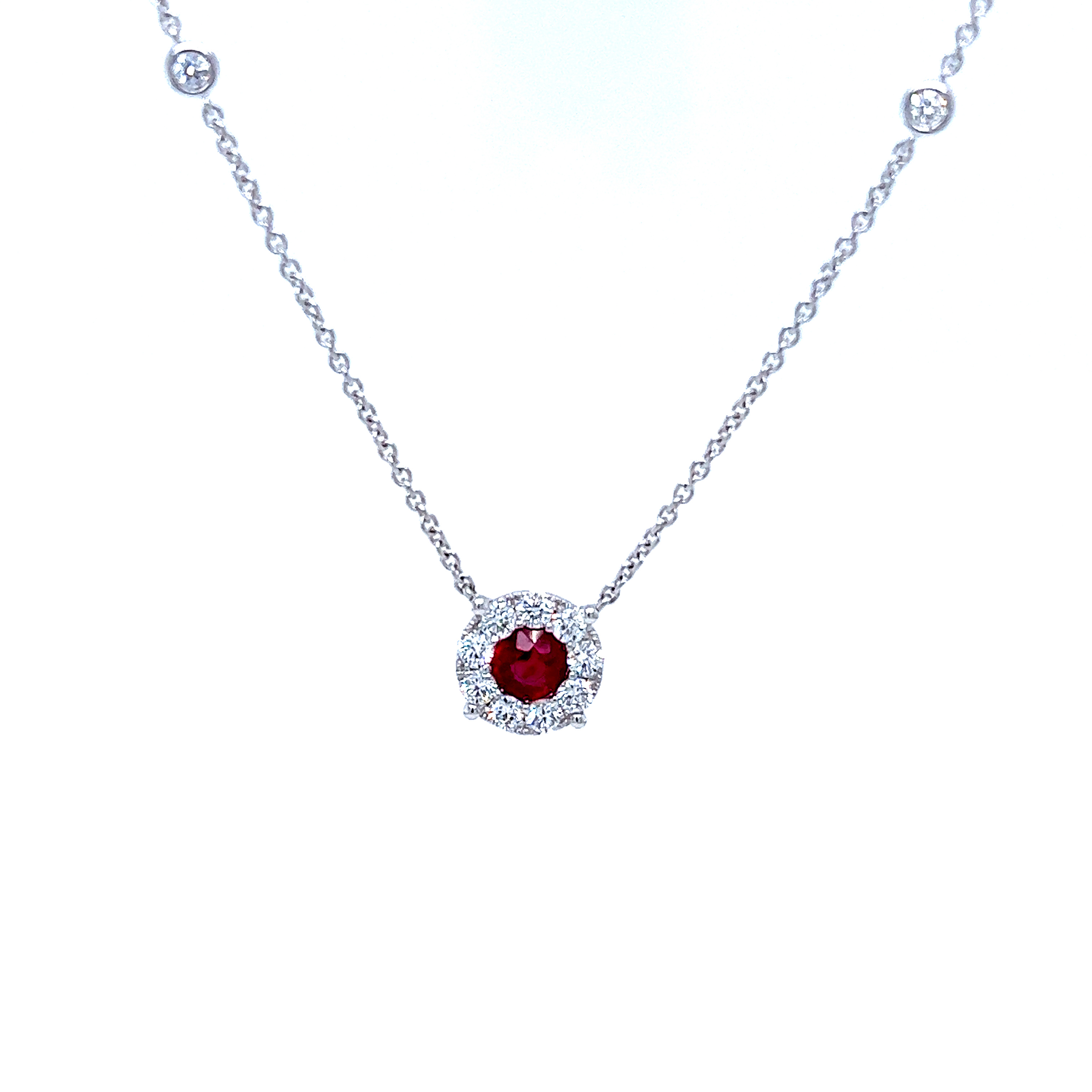 14k White Gold Ruby Necklace With Station Diamonds And Halo
