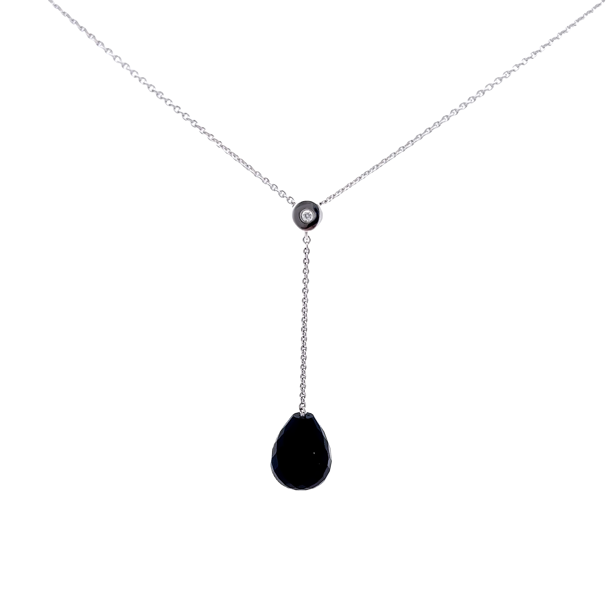 Sterling Y Drop Necklace with One 9.00X11.00Mm Briolette Onyx and one=.02 total weight round brilliant G VS Diamond