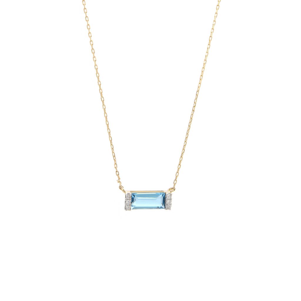 14 Karat yellow gold bar necklace With One 0.68Ct rectangular cut Blue Topaz And 6=0.03Tw Single Cut G I Diamonds