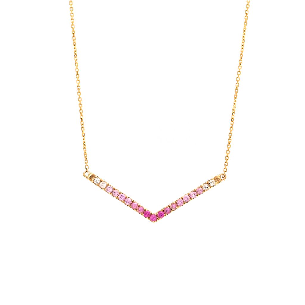 14 Karat yellow gold V necklace with 19=0.48 total weight Round Pink Sapphires