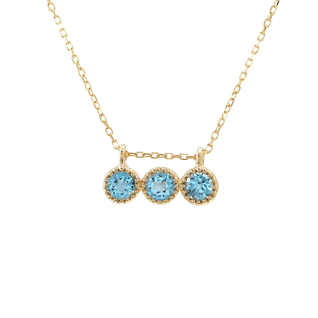 14 Karat yellow gold round bar necklace with 3=0.62 total weight round Blue Topazs