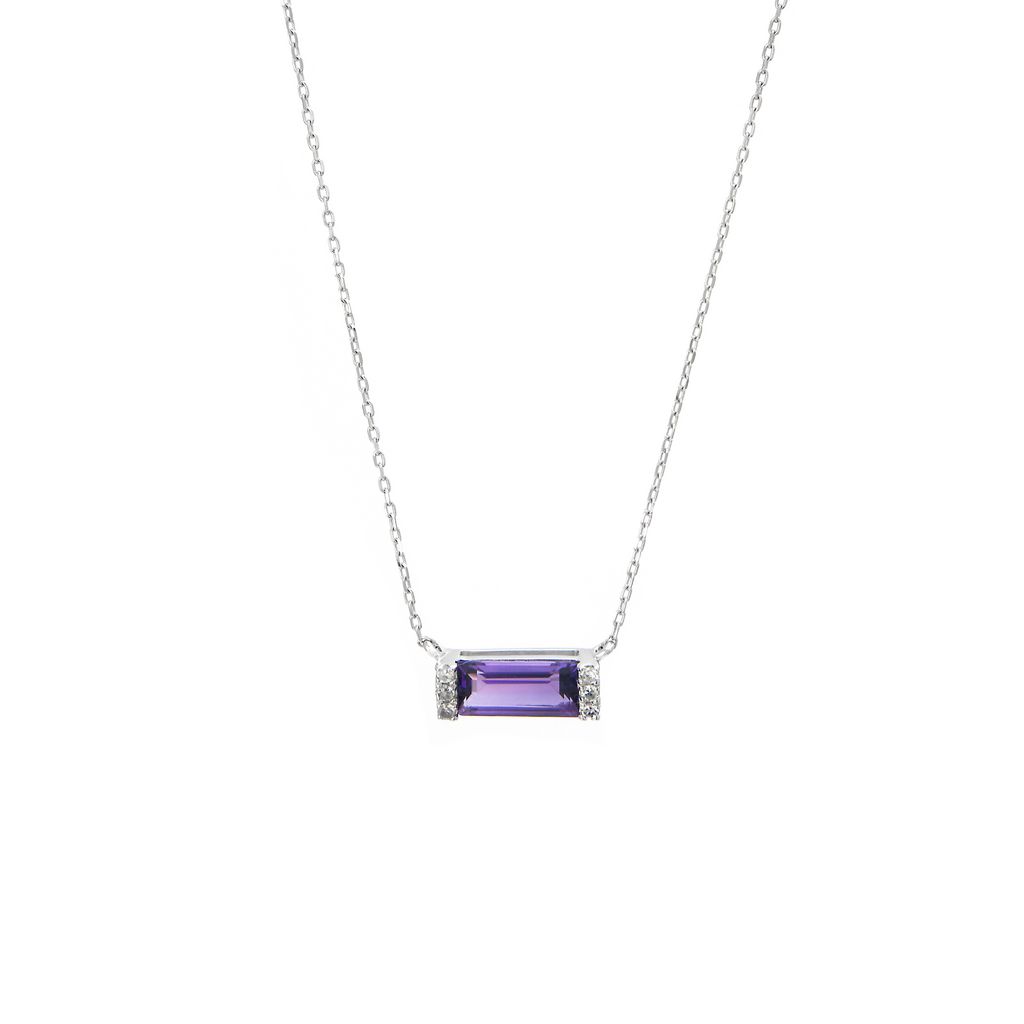 14 Karat white gold bar necklace with 6=0.03 total weight single cut G I Diamonds and One 0.55Ct emerald cut Amethyst