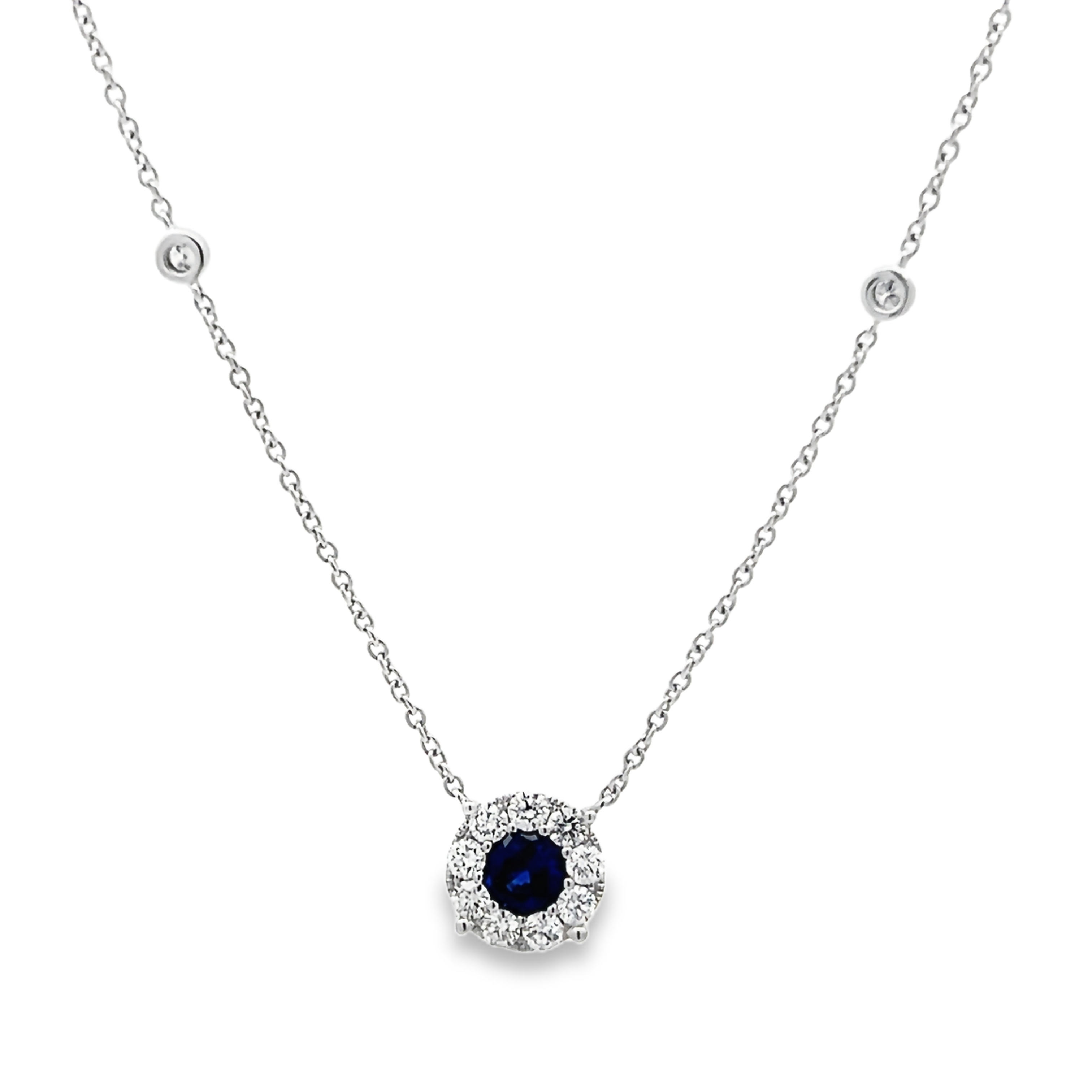 14k White Gold Sapphire Pendant With Diamond Halo