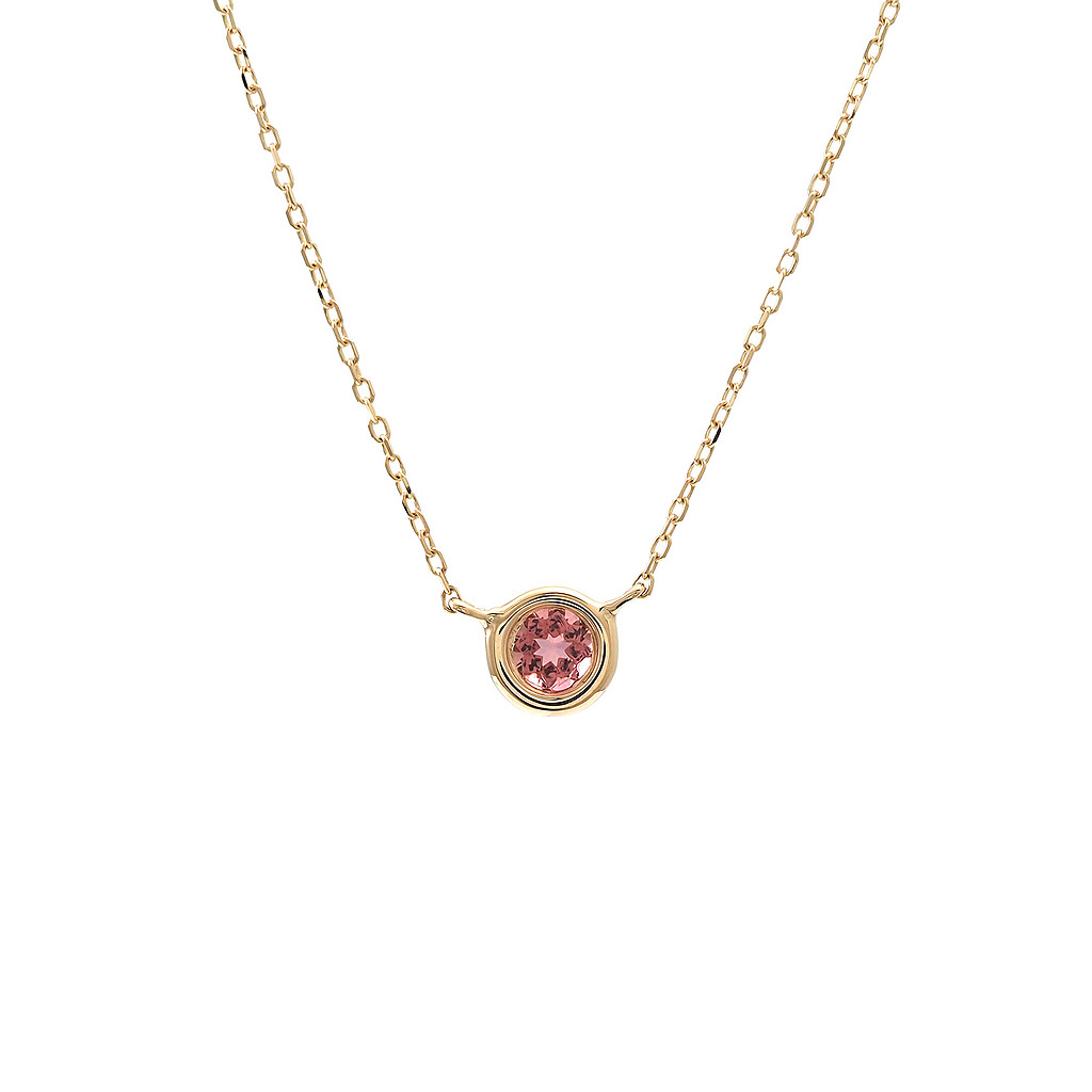 14 karat yellow gold solitaire necklace with one 0.12ct round mixed cut Pink Tourmaline