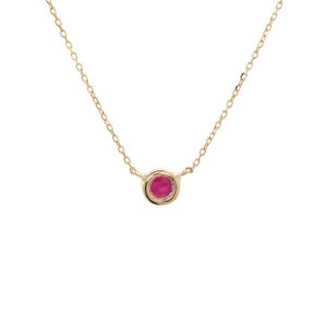 14 karat yellow gold solitaire necklace with one 0.11ct round mixed cut Ruby