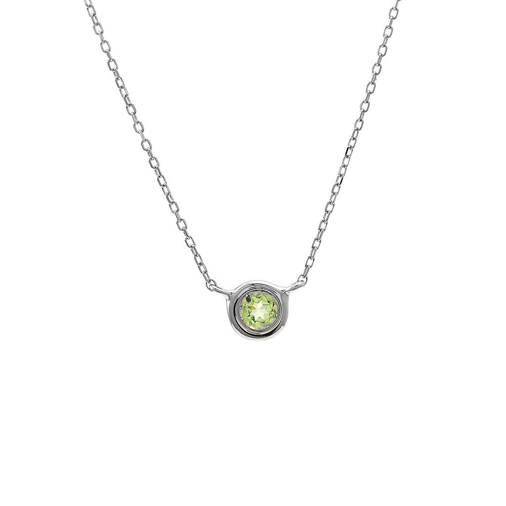 14 karat white gold solitaire necklace with One 0.12ct round mixed cut Peridot