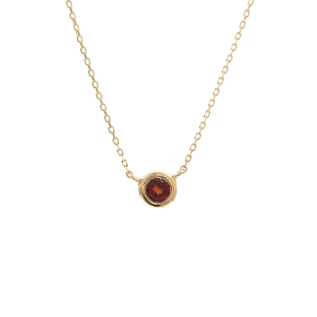 14 karat yellow gold solitaire necklace with one 0.15ct round mixed cut Garnet