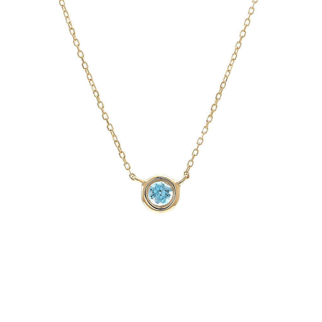 14 karat yellow gold solitaire necklace with One 0.14ct round mixed cut Blue Topaz
