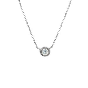 14 karat white gold solitaire necklace with one 0.10ct round mixed cut Aquamarine