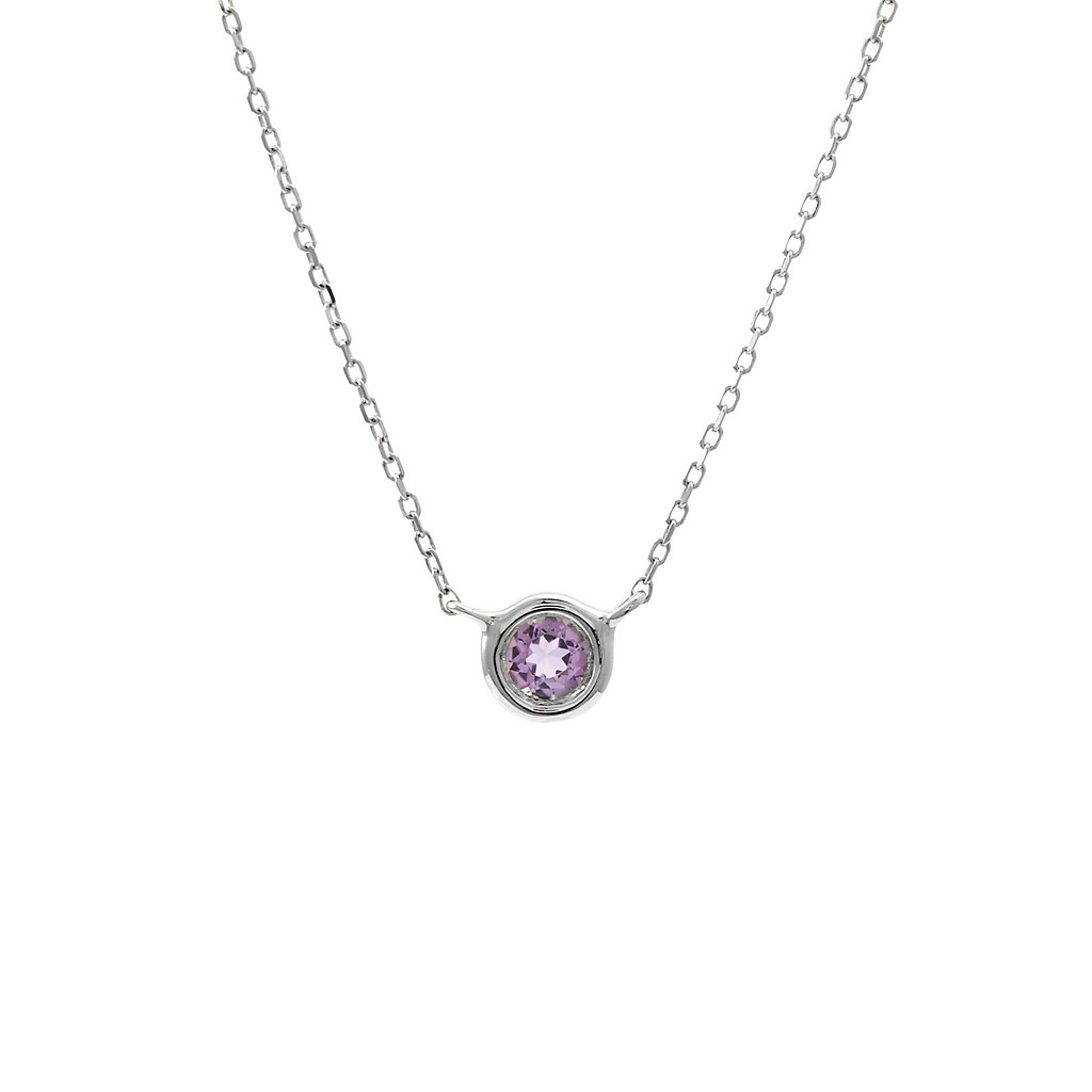 14 karat white gold solitaire necklace with one 0.11ct round mixed cut Amethyst