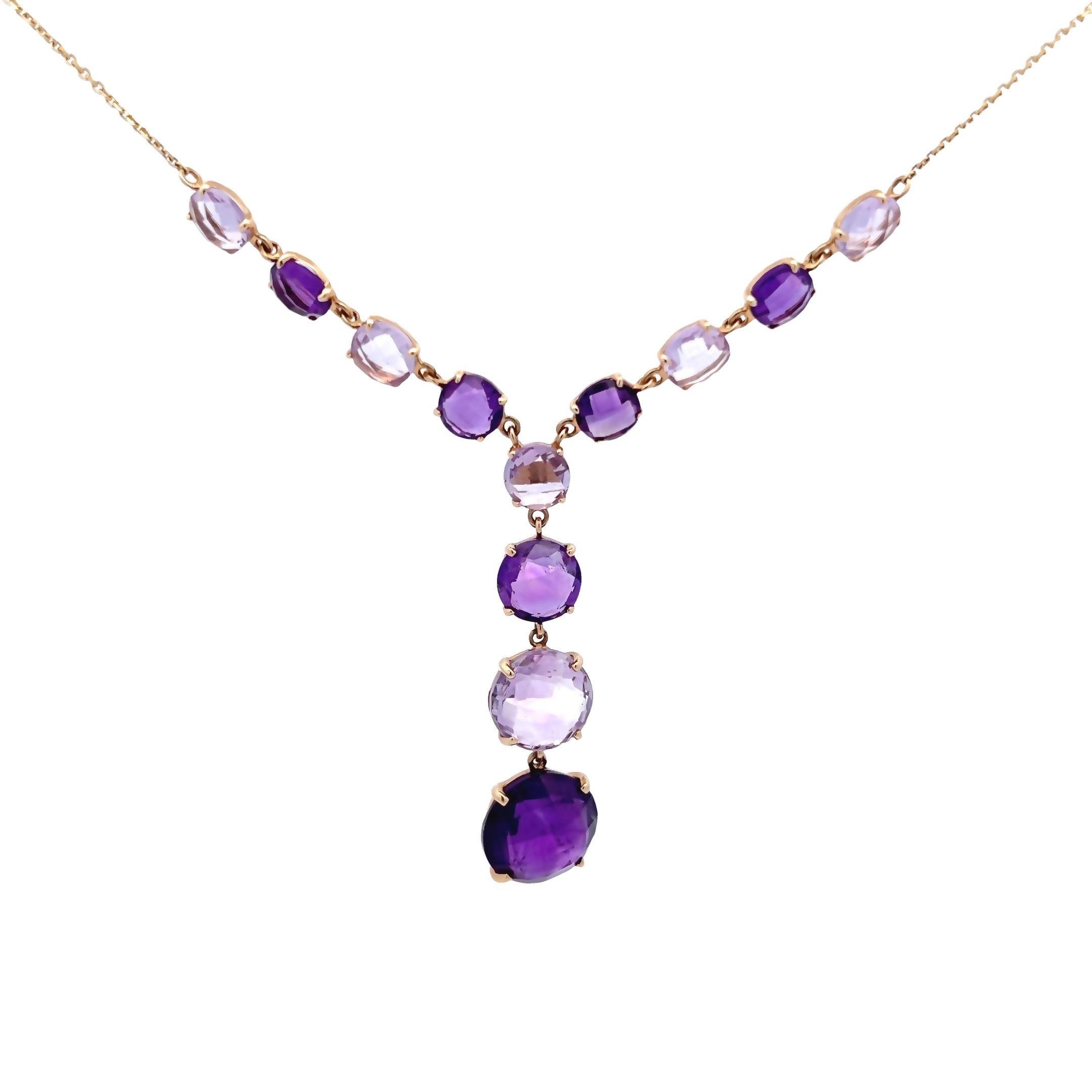 14 Karat Yellow Gold Y Drop Necklace With 12=19.50 Total Weight Rose Cut Amethysts.
