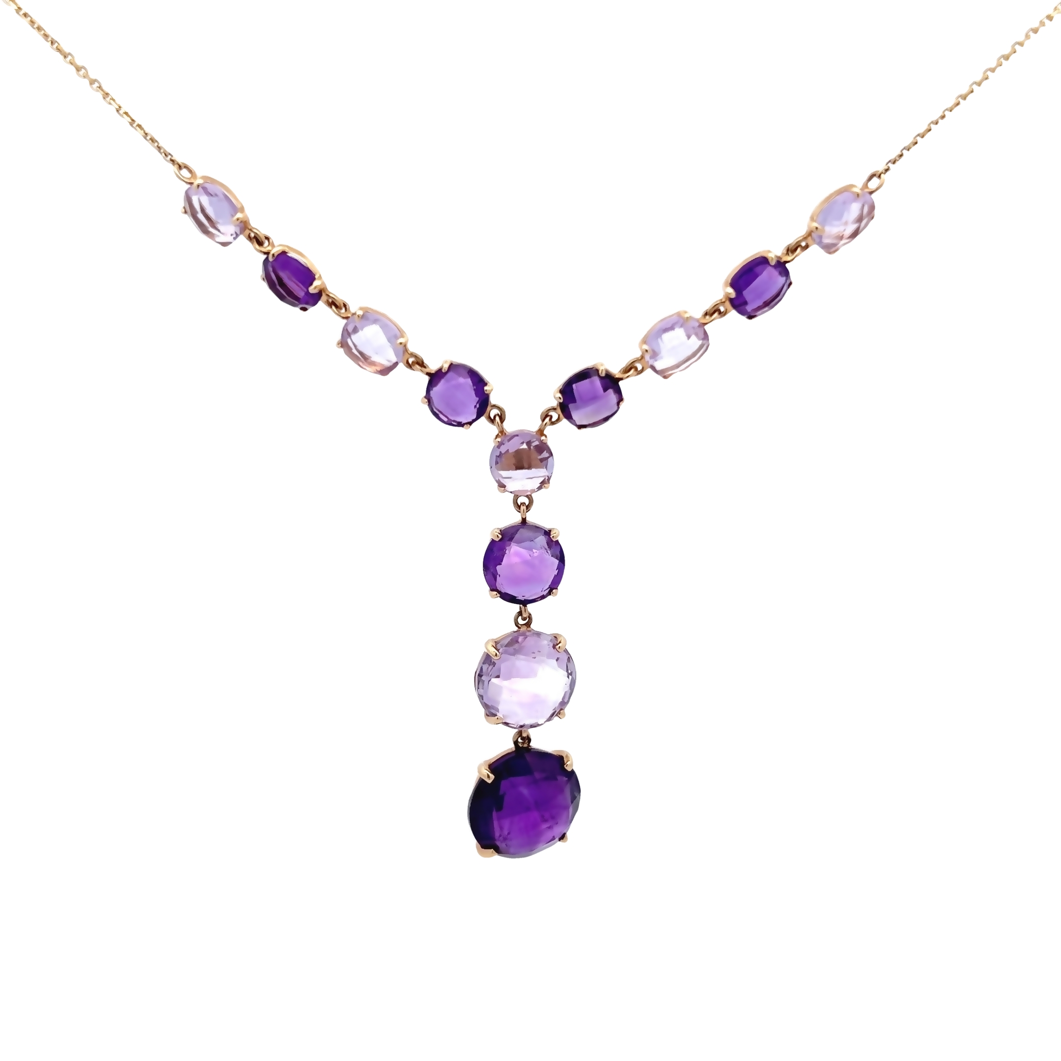 14 Karat yellow gold Y Drop necklace with 12=19.50 total weight rose cut Amethysts.