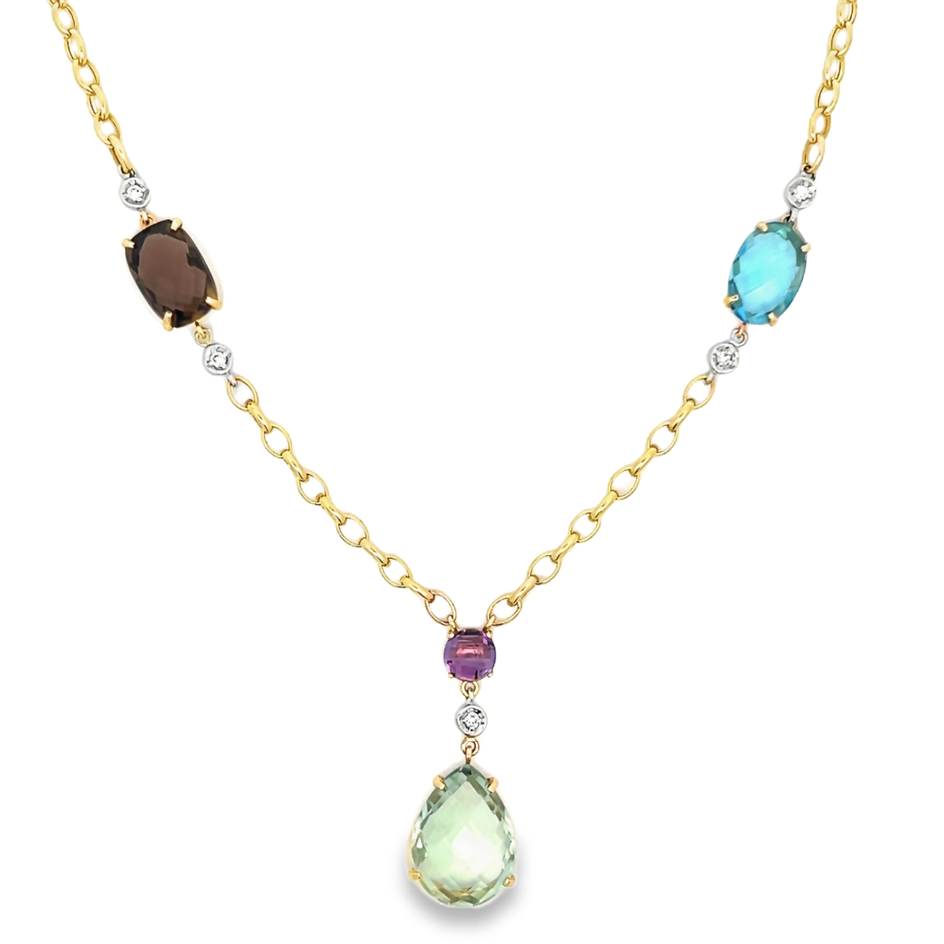 14 Karat Yellow Necklace With 5=0.10 Total Weight Round Brilliant G Vs Diamonds, One 1.00ct Rose Cut Amethyst, One 4.00ct Rose Cut Blue Topaz, One 8.00ct Rose Cut Green Amethyst And One 3.00ct Rose Cut Smoky Topaz.