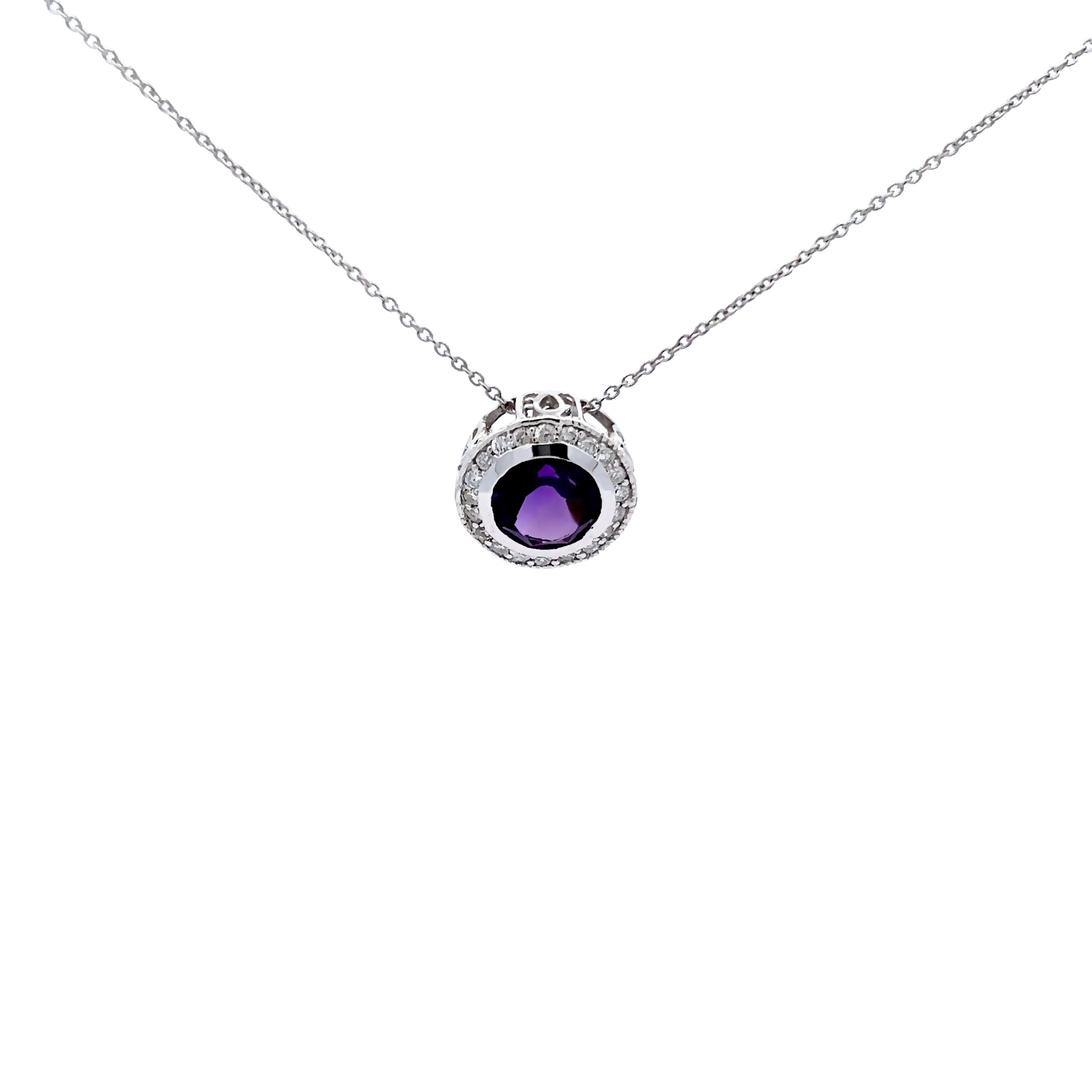 14 karat white gold halo solitaire necklace with One 1.90carat round mixed cut Amethyst and 20=0.25 total weight round brilliant G VS Diamonds