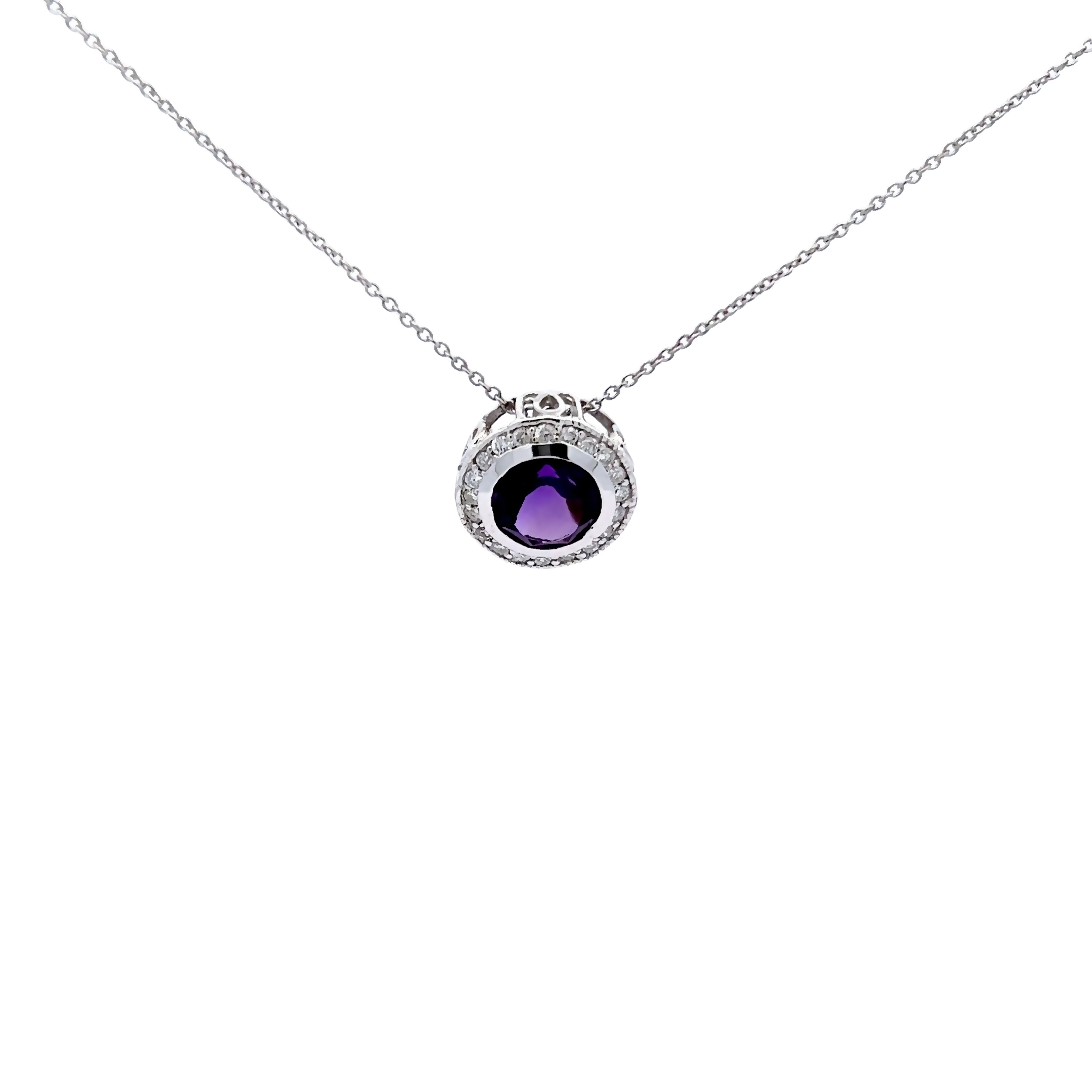 14 Karat White Gold Halo Solitaire Necklace With One 1.90carat Round Mixed Cut Amethyst And 20=0.25 Total Weight Round Brilliant G Vs Diamonds