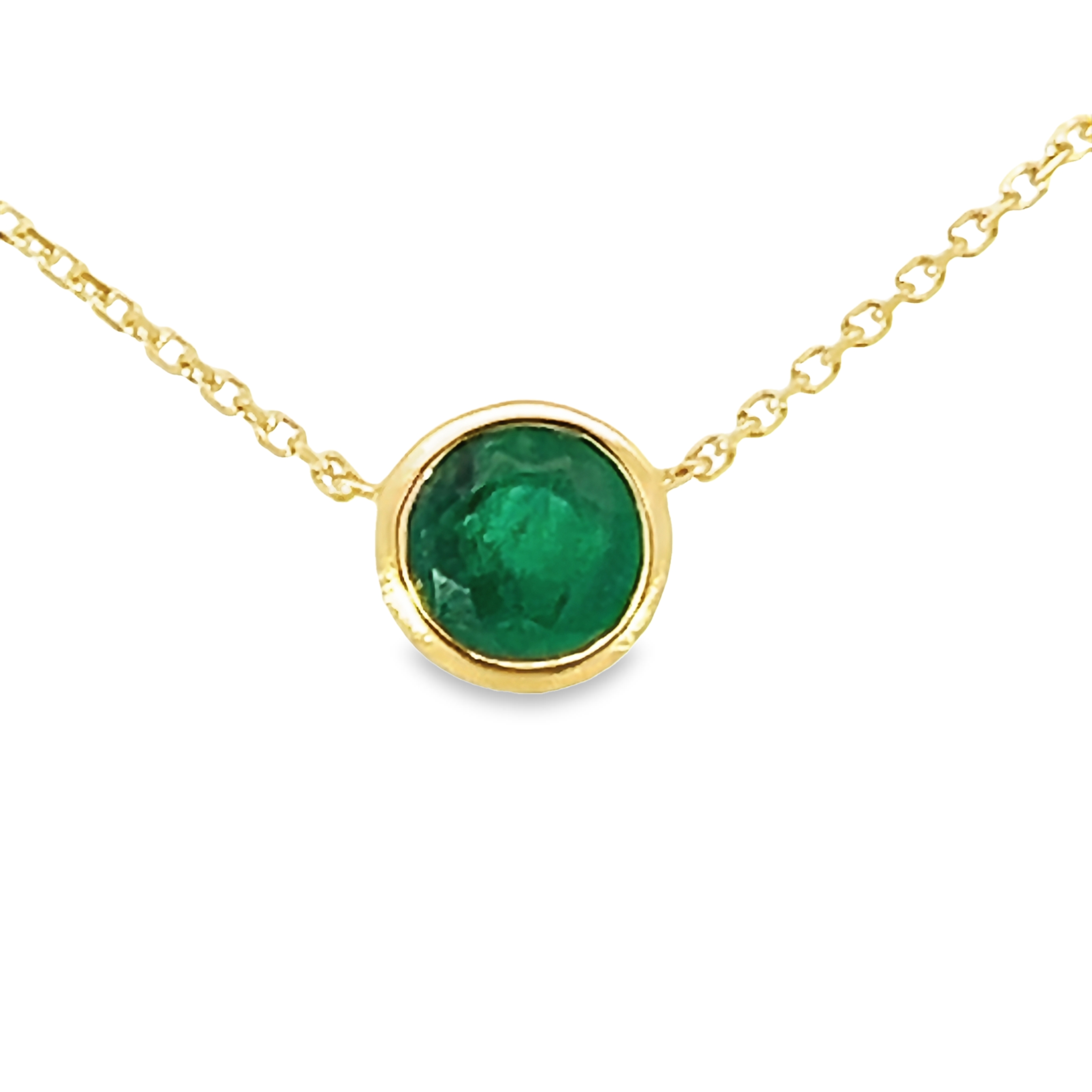 14k Yellow Gold Rould Solitaire Emerald Necklace