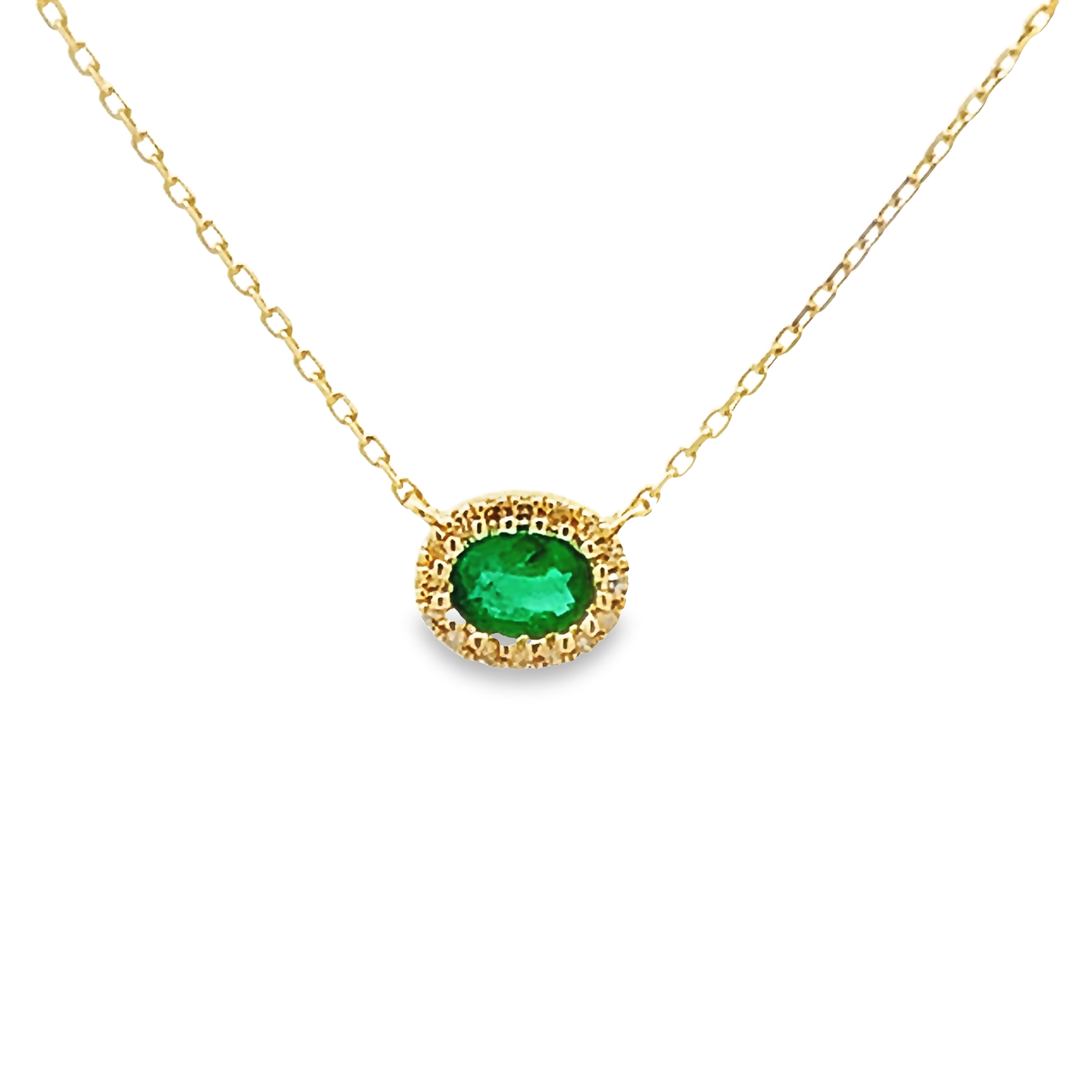 14k Gold Solitaire Oval Emerald Diamond Halo Necklace