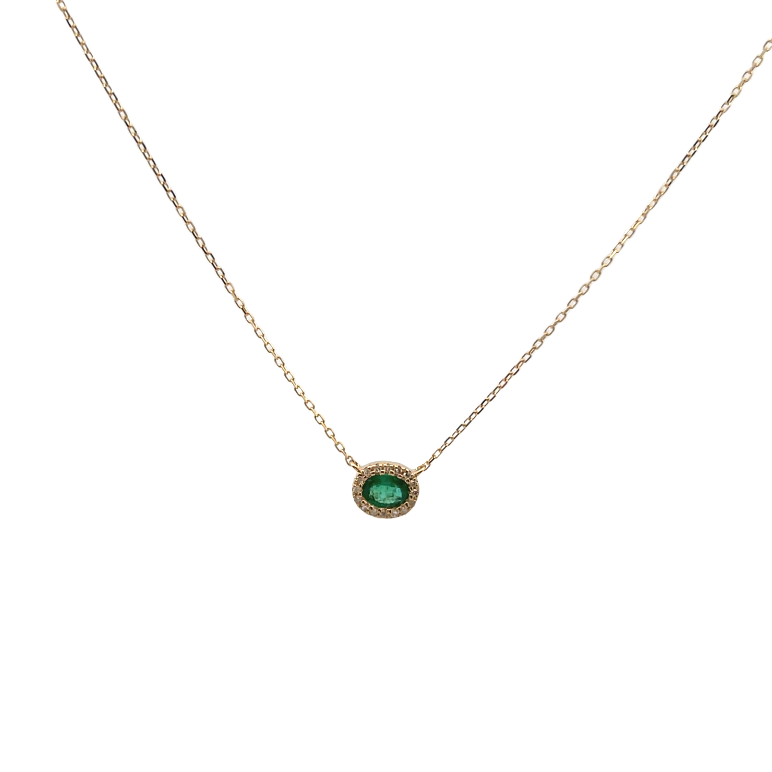 14k Gold Solitaire Oval Emerald Diamond Halo Necklace