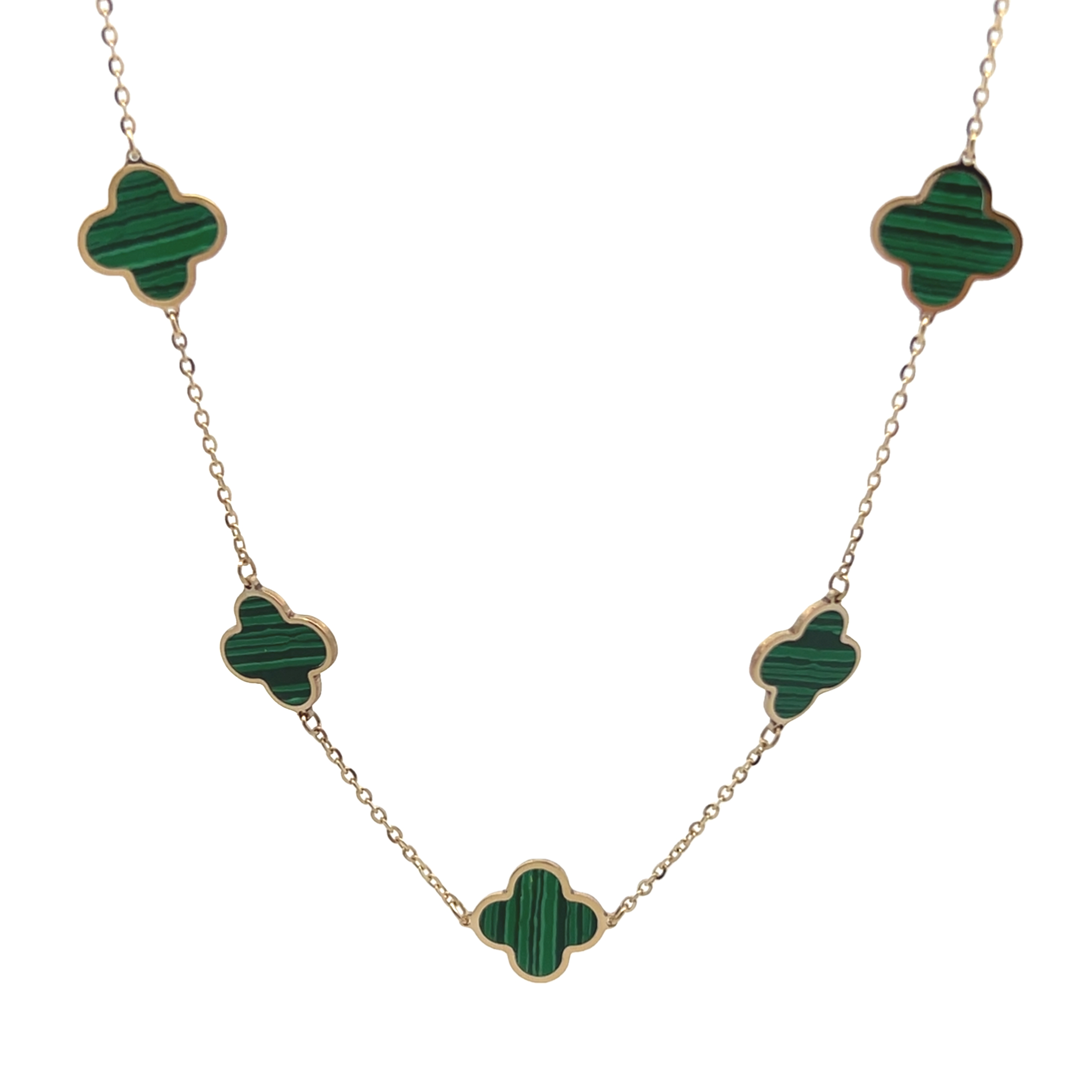 14k Yellow Gold Malachite Clover Station Necklace