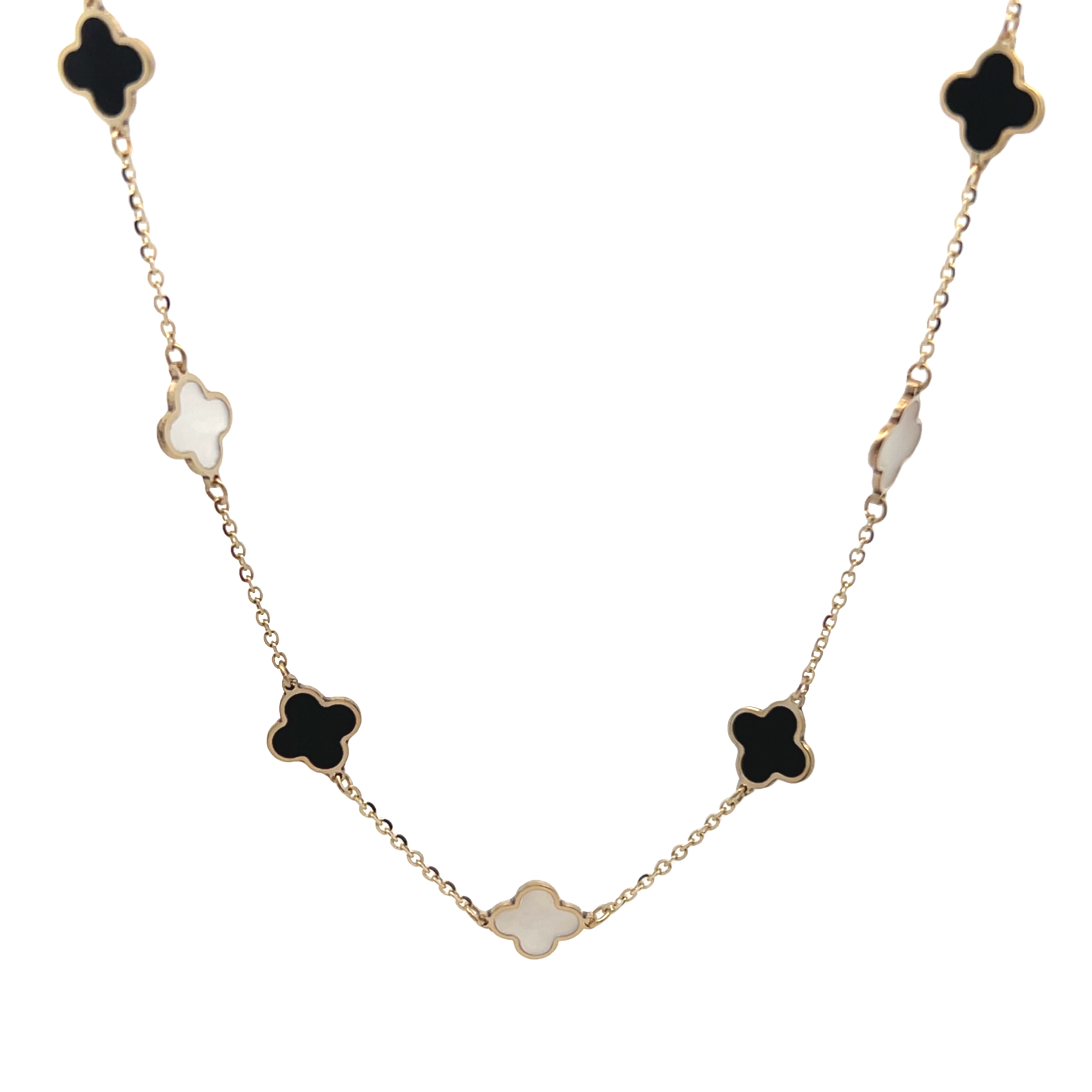 14k Yellow Gold Mother Of Pearl And Onyx Clover Station Necklace