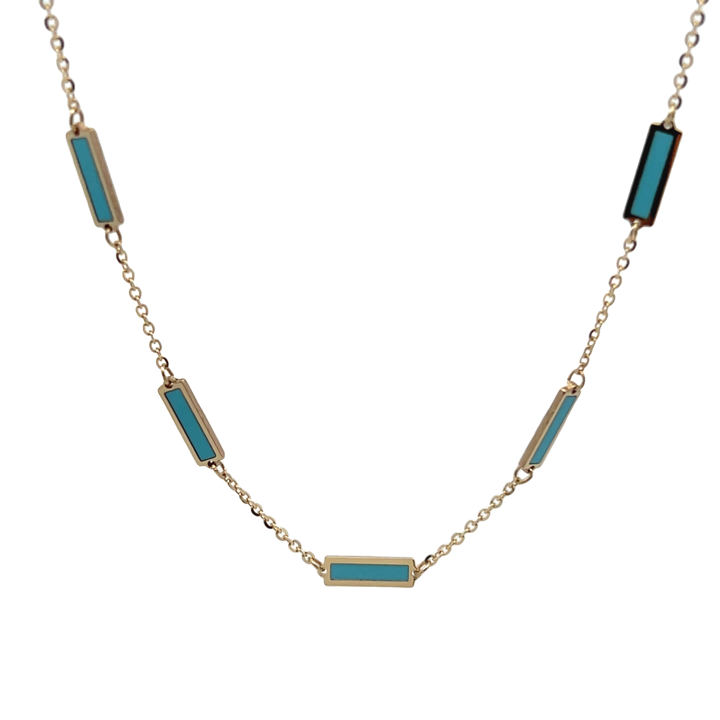 14k Yellow Gold Turquoise Bars Station Necklace