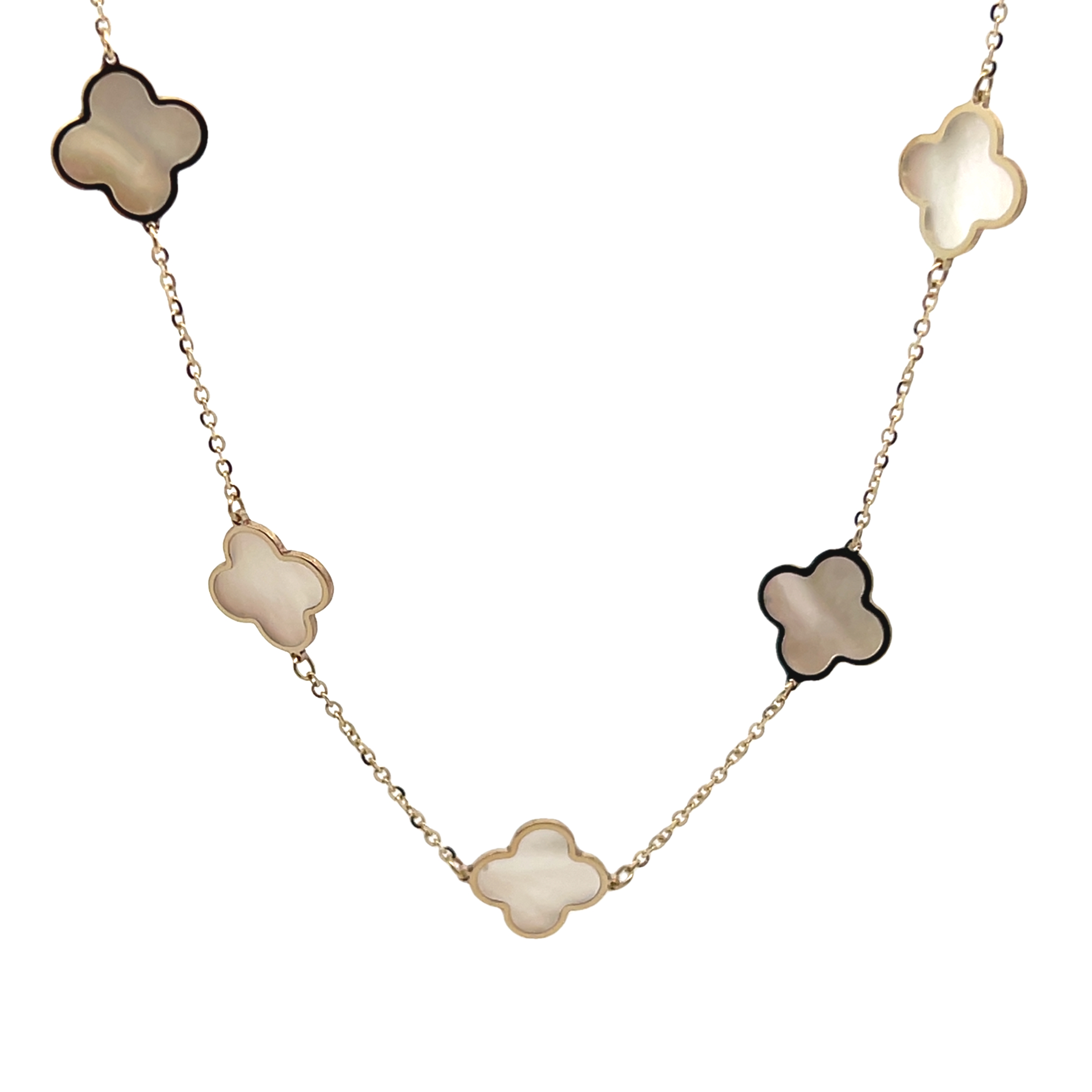 14k Yellow Gold Mother Of Pearl Clover Station Necklace