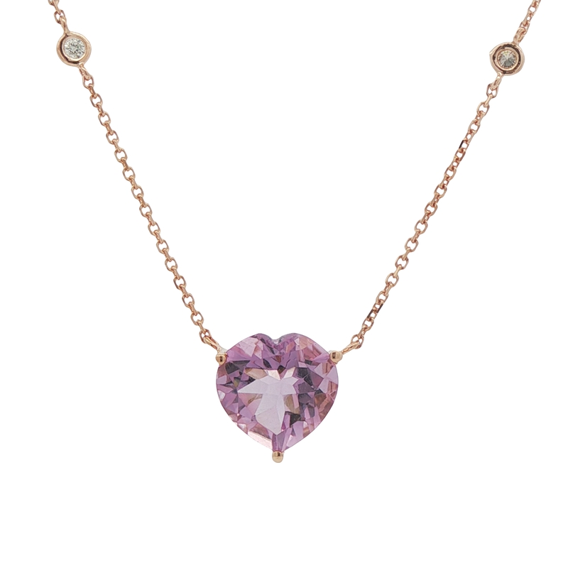14k Rose Gold Heart Amethyst And Diamond Necklace