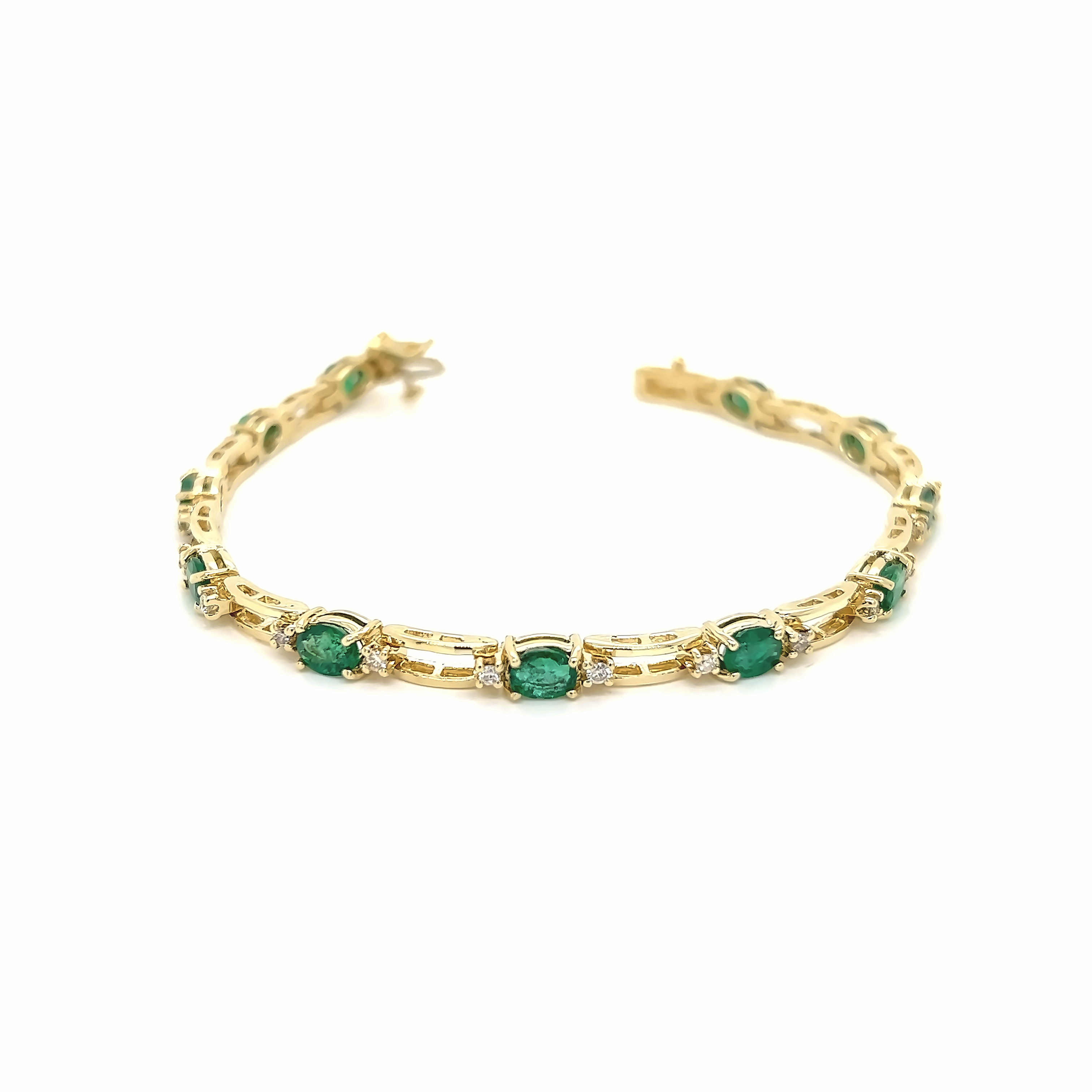 Yellow 14 Karat Bracelet with 11=3.80tw Oval Fine Quality Emeralds &  22=0.51tw Round Brilliant G SI Diamonds