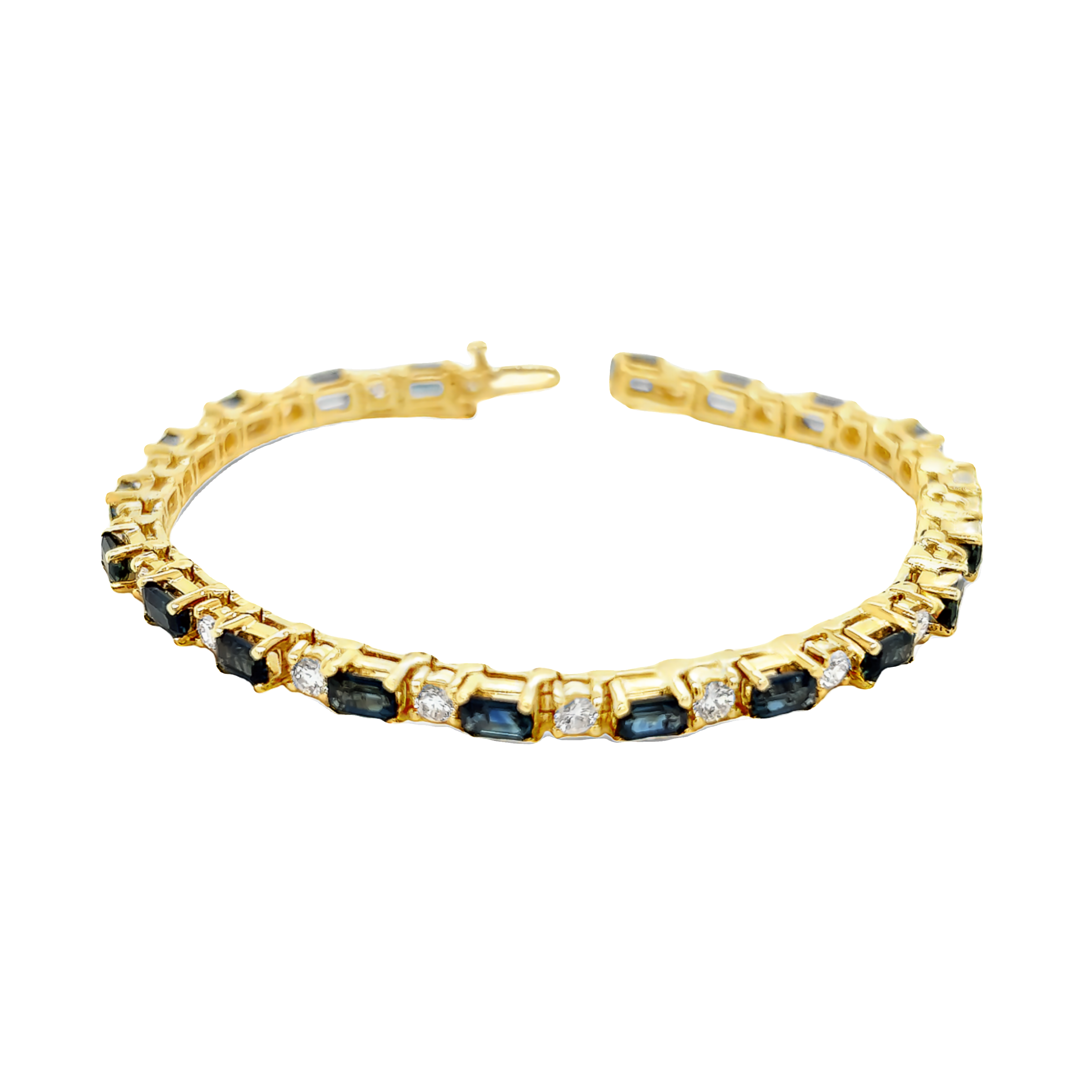 Yellow 14 Karat Line Bracelet Length 7 With 20=2.00Tw Round Brilliant G Vs Diamonds And 20=8.00Tw Baguette Sapphires