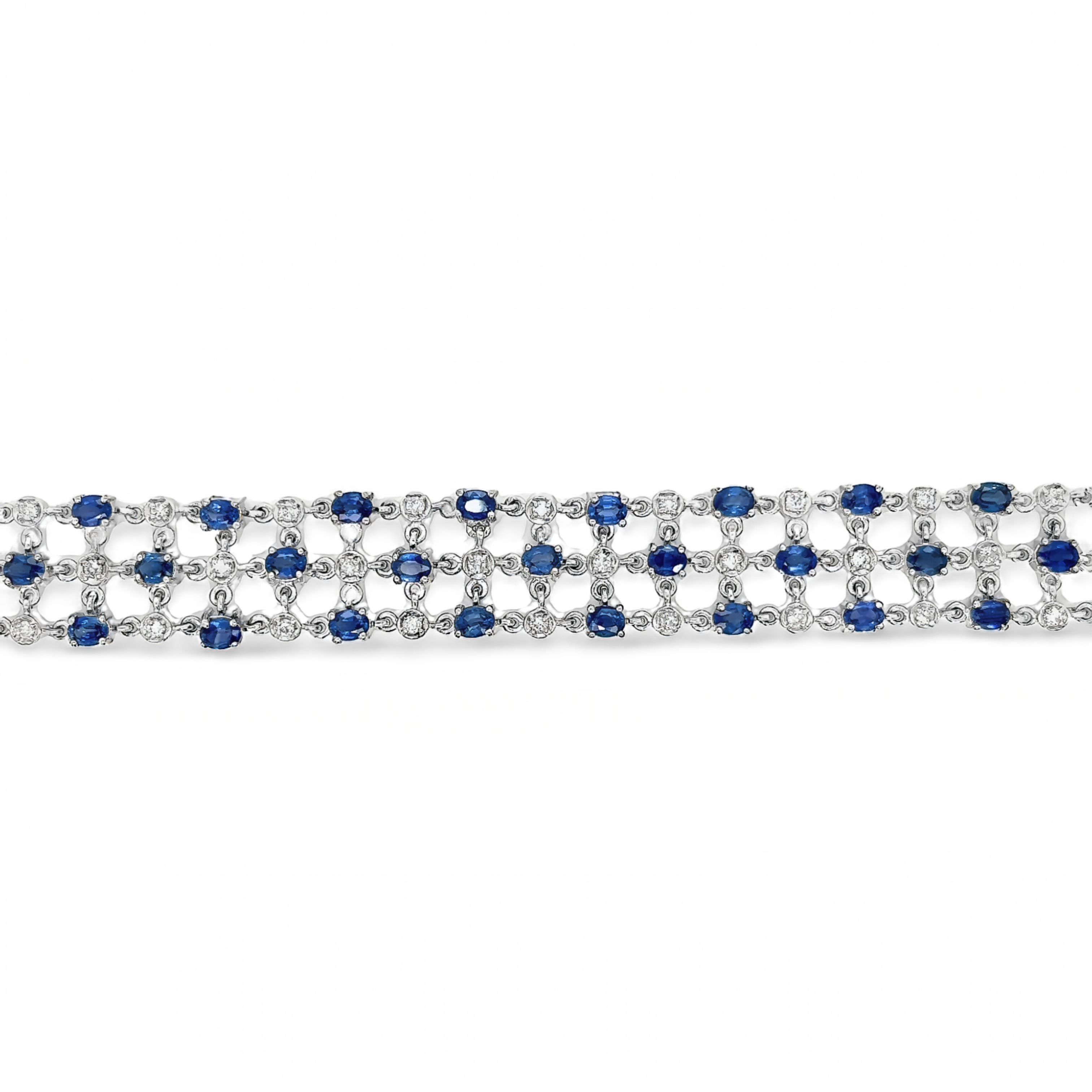 White 14 Karat Statement Bracelet Length 7" With 38=0.97Tw Round Brilliant G VS Diamonds And 40=9.95Tw Round Sapphires