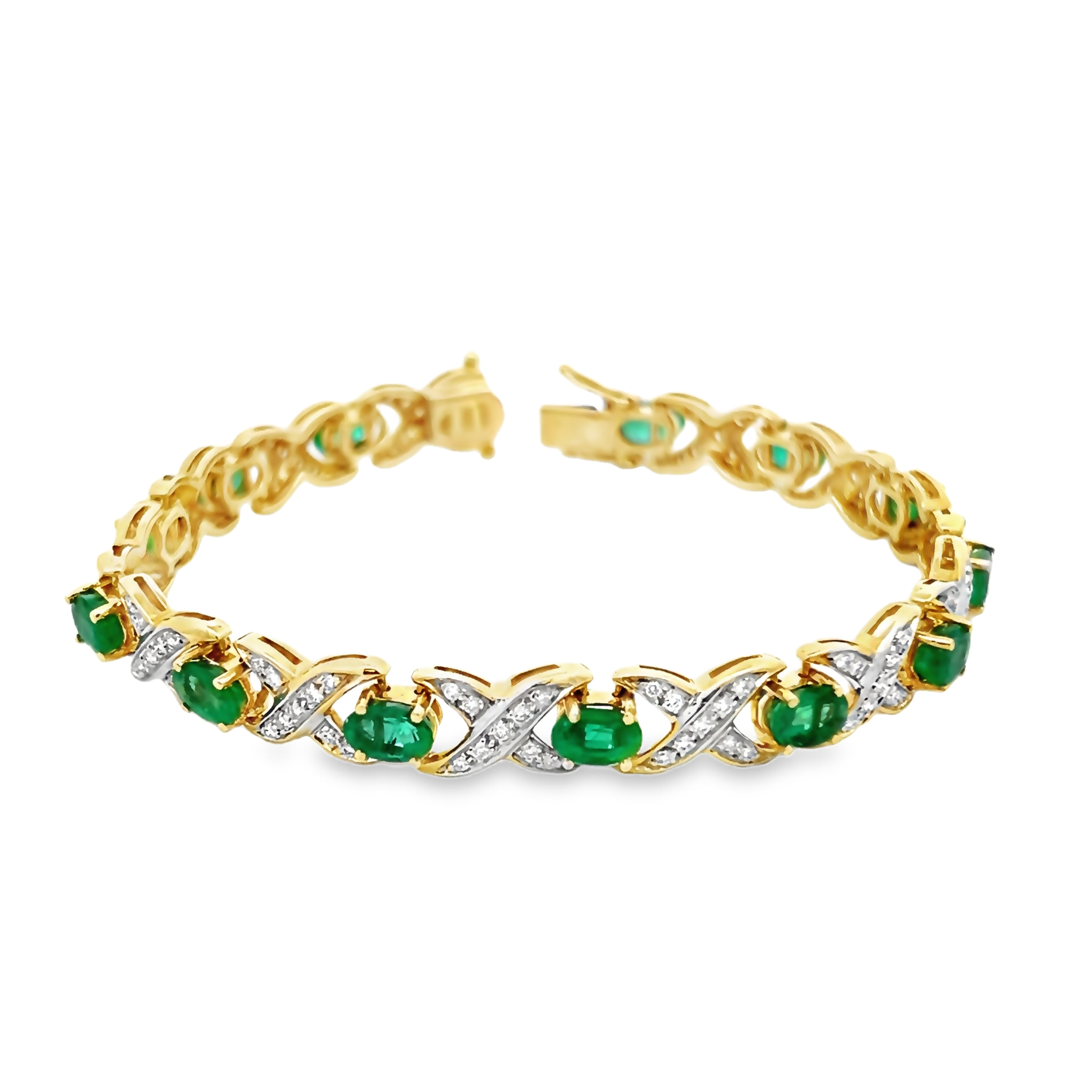 Yellow 18 Karat Bracelet  with 13=6.00x4.00mm Oval Emeralds &  130=1.30tw Round Brilliant G VS Diamonds
